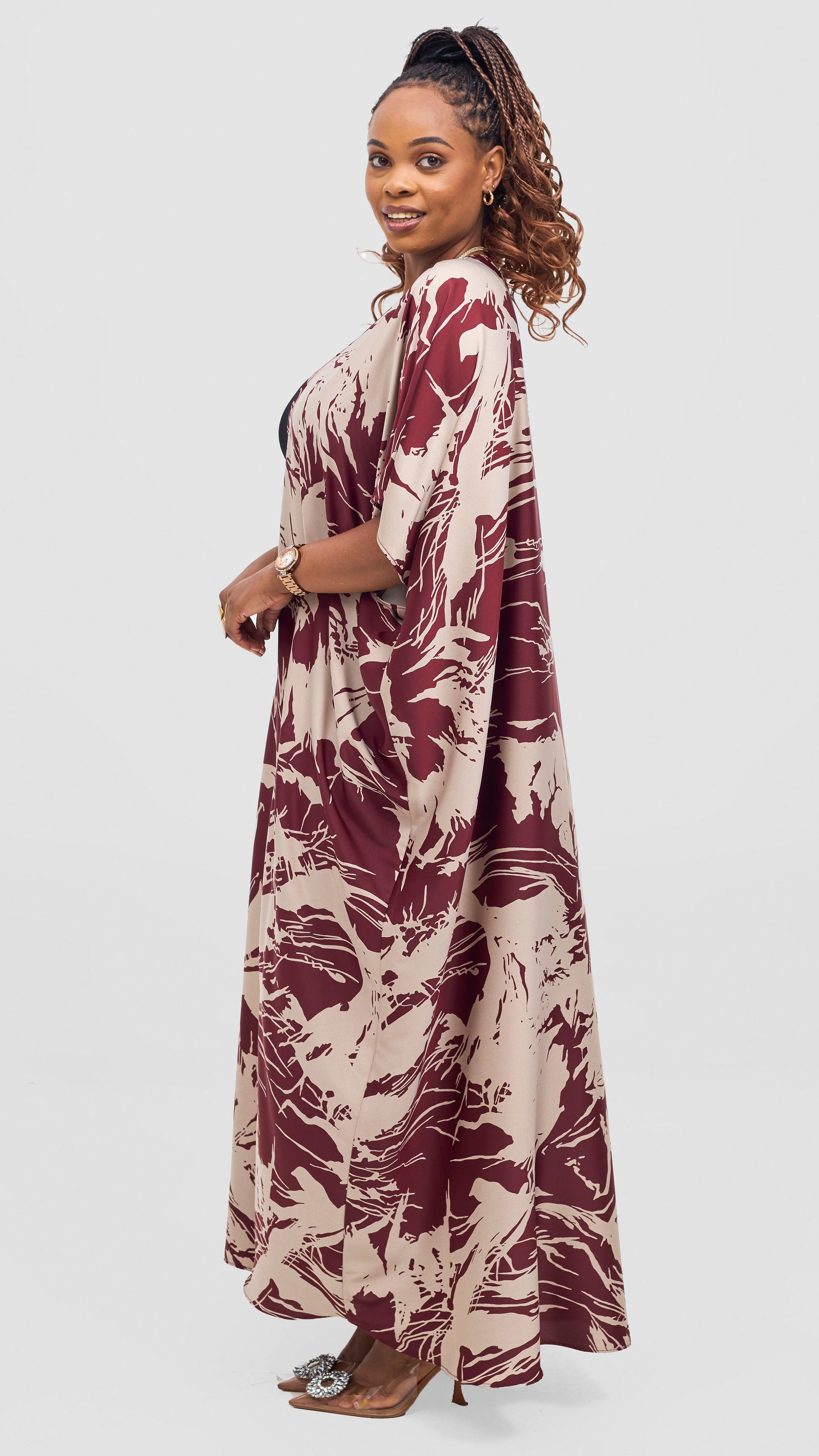 Vivo Keza Wide Satin Kimono -  Maroon / Taupe Print