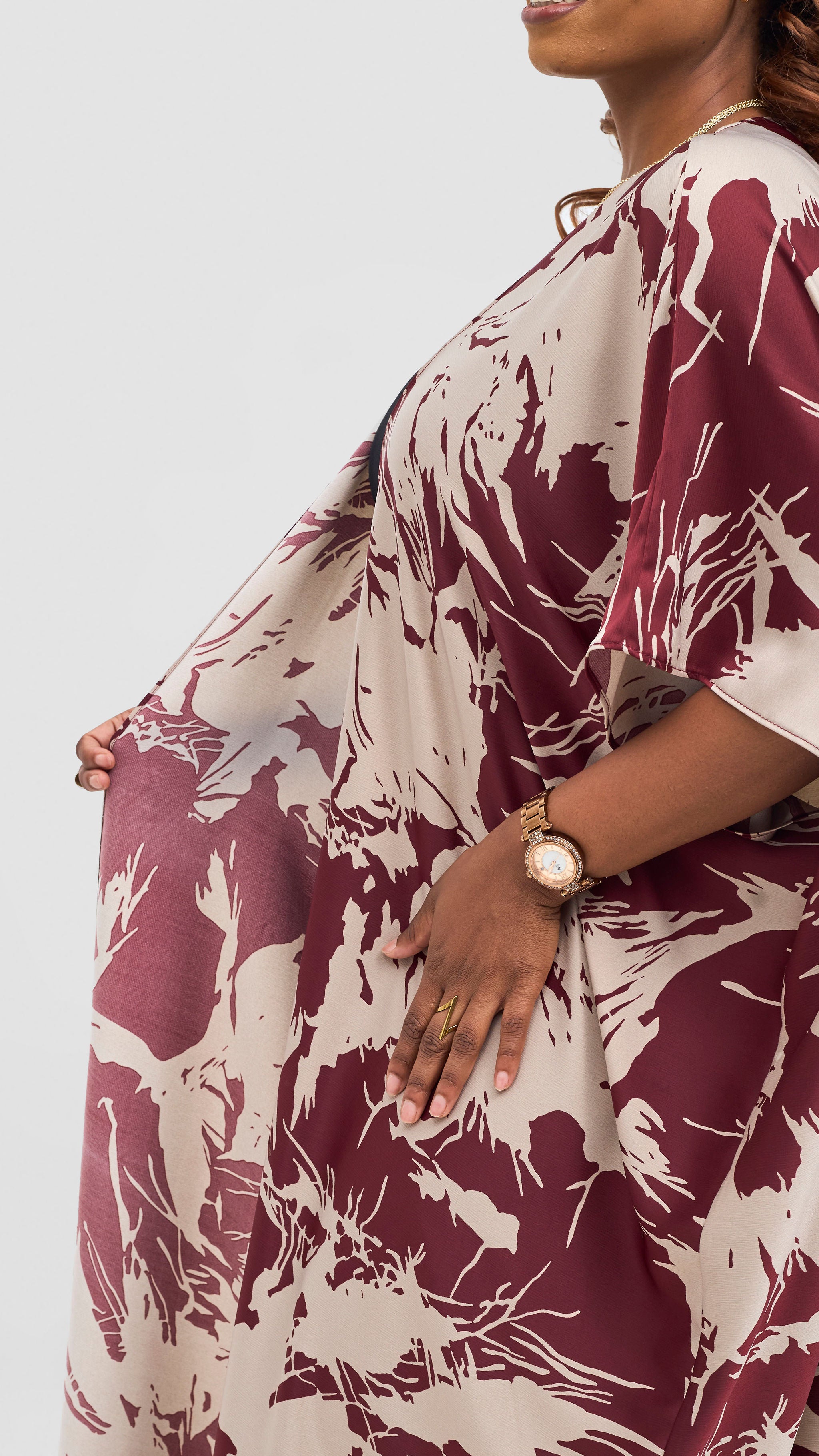 Vivo Keza Wide Satin Kimono -  Maroon / Taupe Print