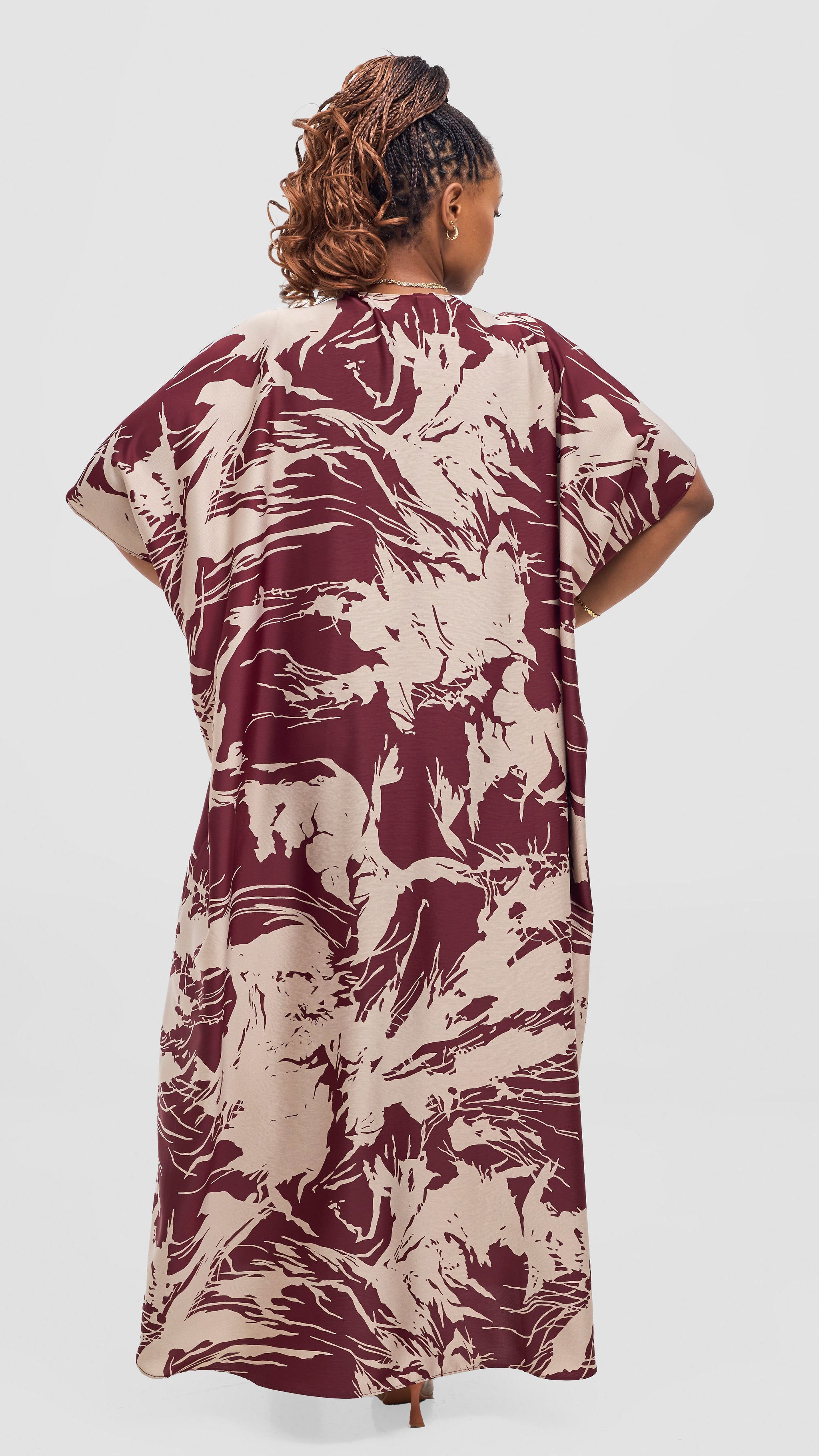 Vivo Keza Wide Satin Kimono -  Maroon / Taupe Print