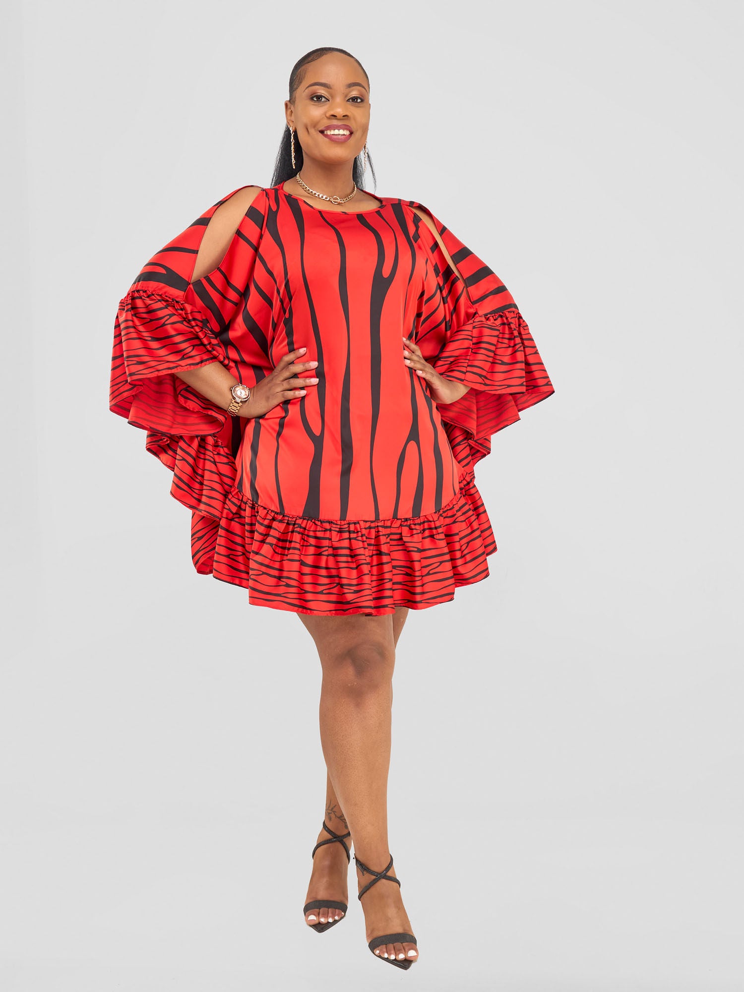 Vivo Chidii Tunic Dress With Frills - Red / Black Sidi Print
