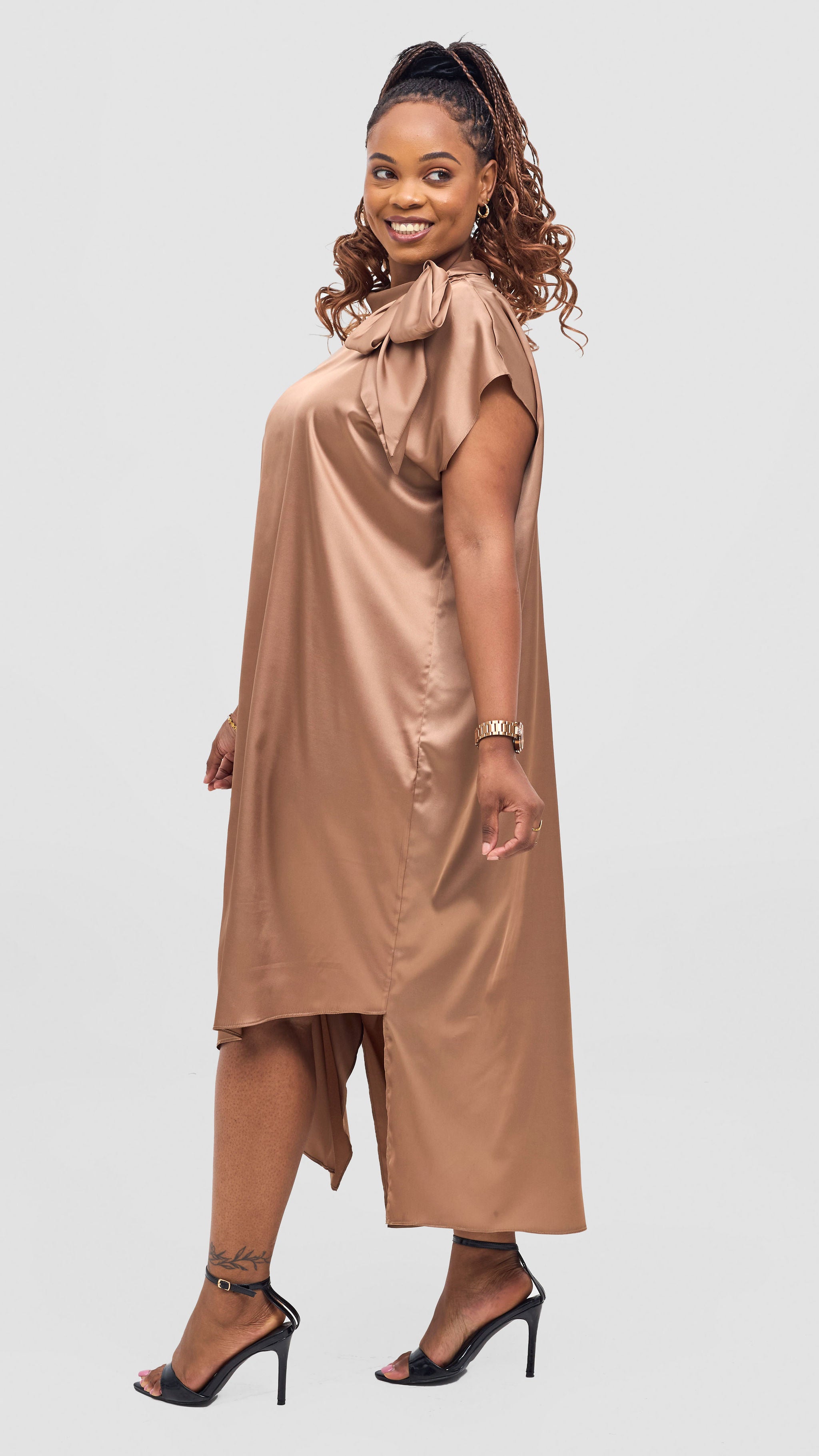 Vivo Takali Asymmetrical Midi Length Kaftan - Brown