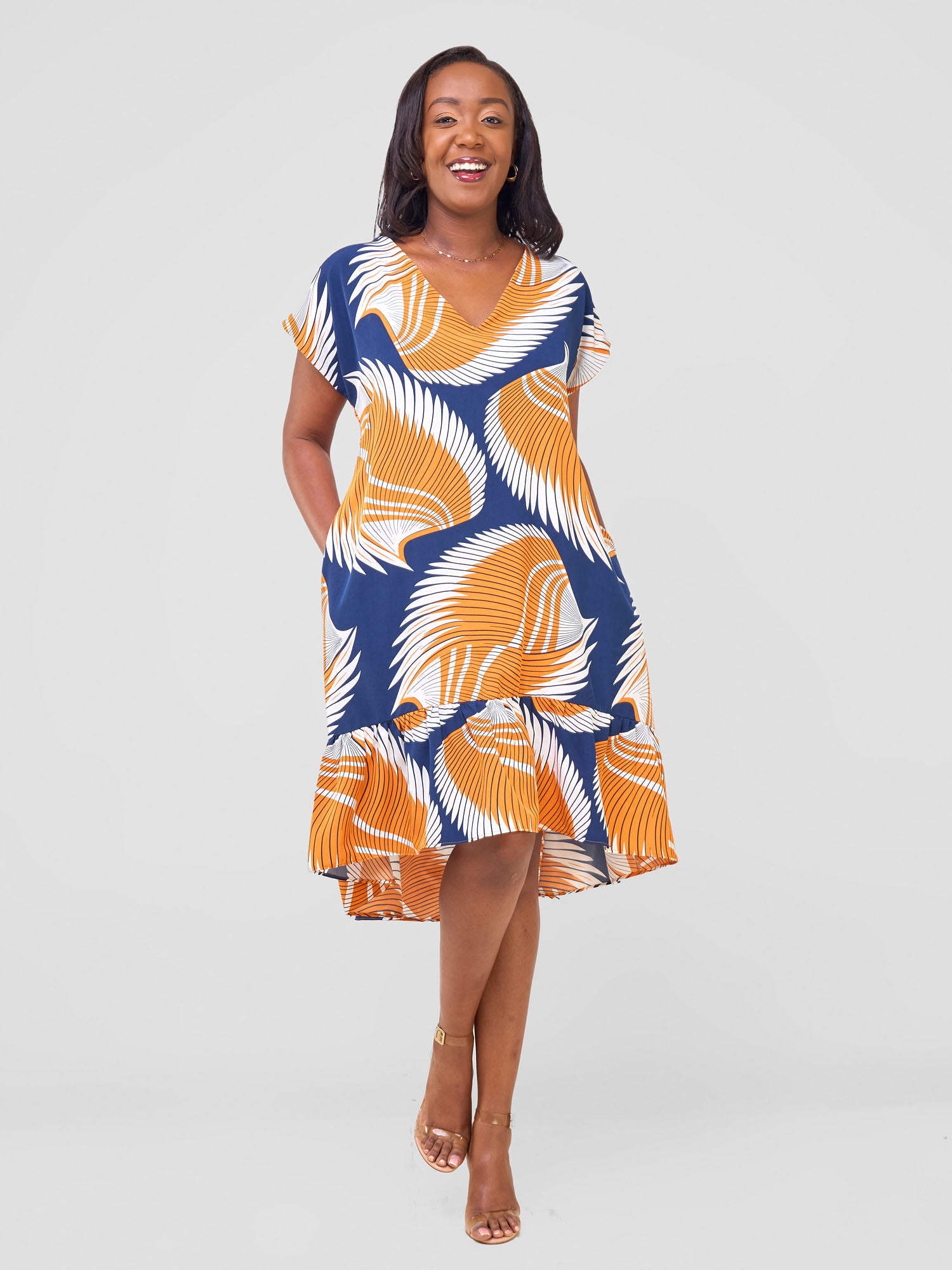 Vivo Asha Drop Shoulder Knee Length Dress - Navy /  Orange Nala Print