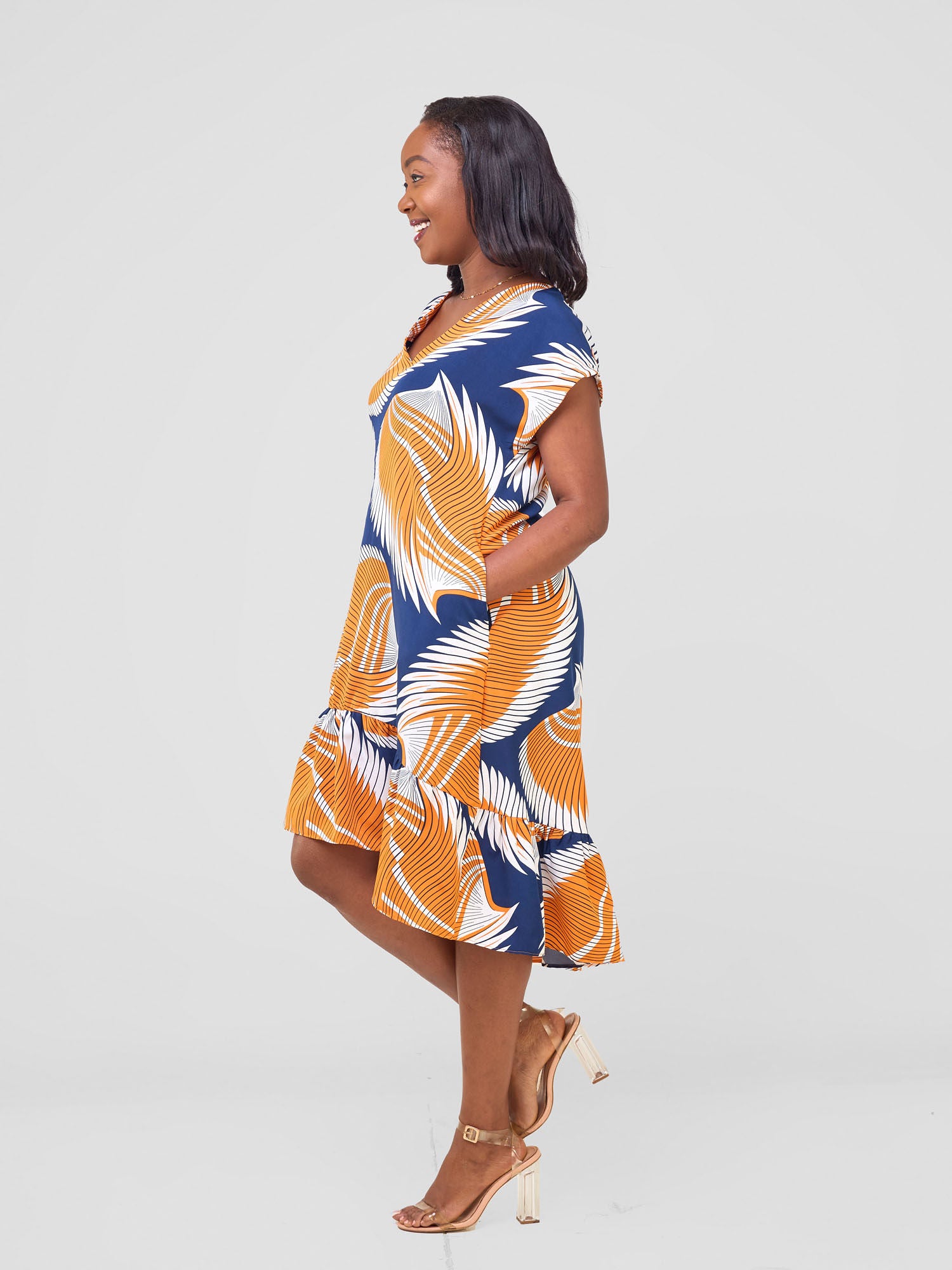 Vivo Asha Drop Shoulder Knee Length Dress - Navy /  Orange Nala Print