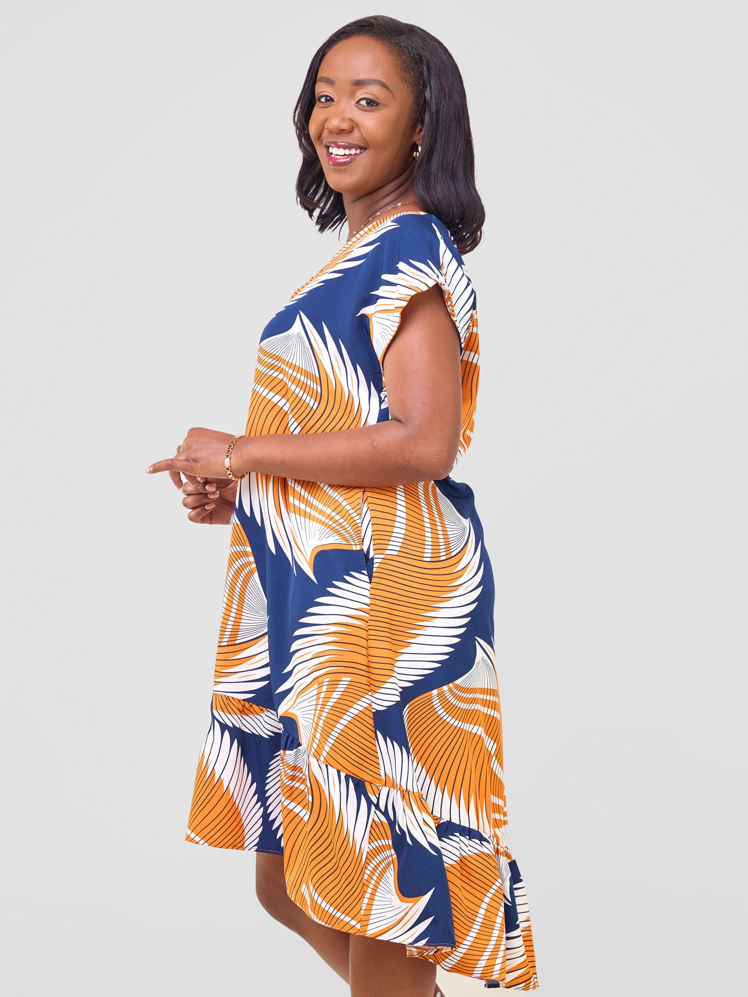 Vivo Asha Drop Shoulder Knee Length Dress - Navy /  Orange Nala Print