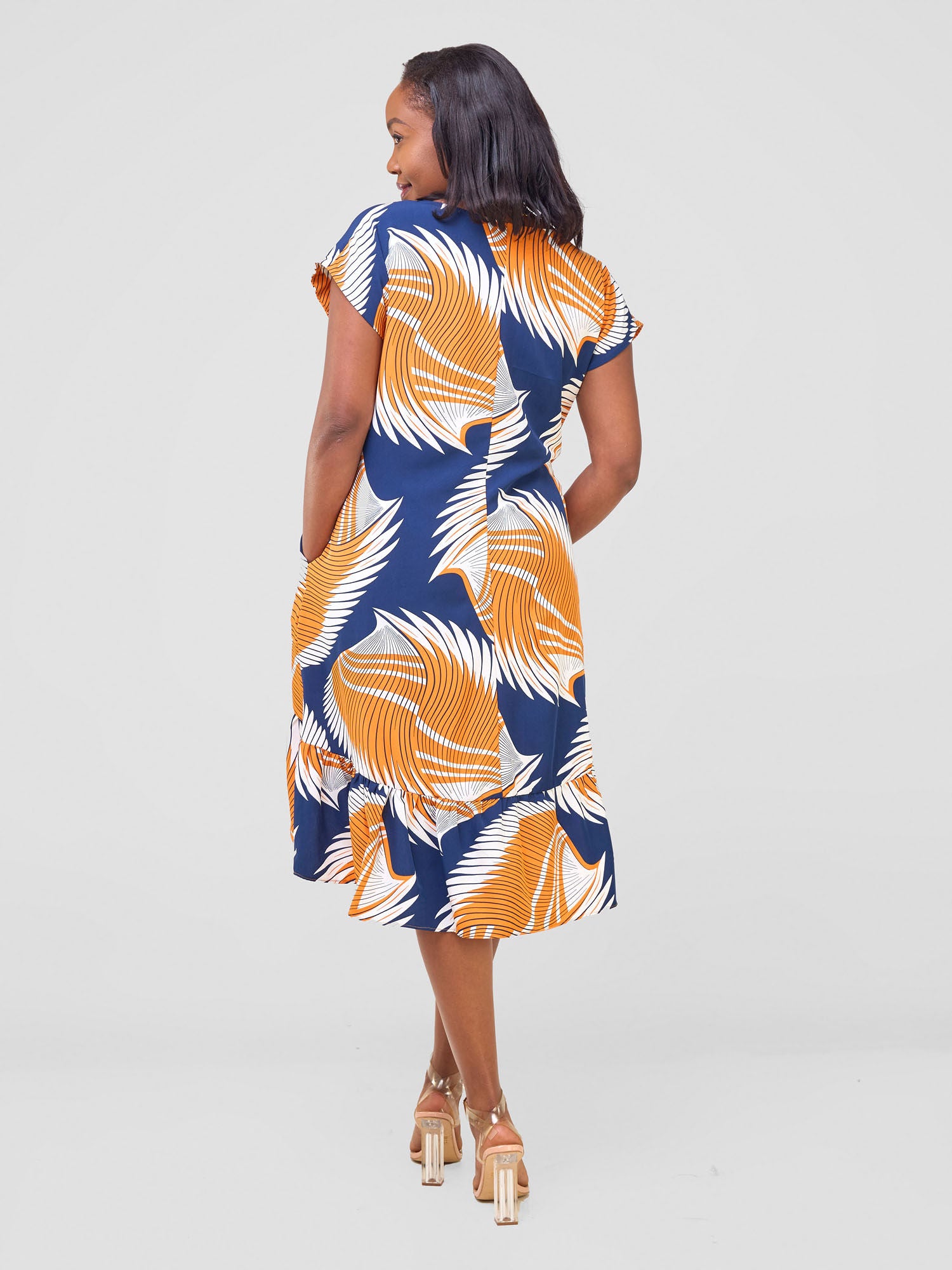 Vivo Asha Drop Shoulder Knee Length Dress - Navy /  Orange Nala Print