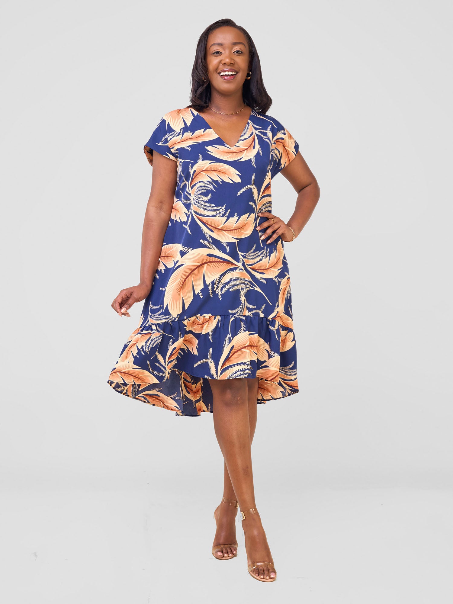 Vivo Asha Drop Shoulder Knee Length Dress - Navy Habo Print