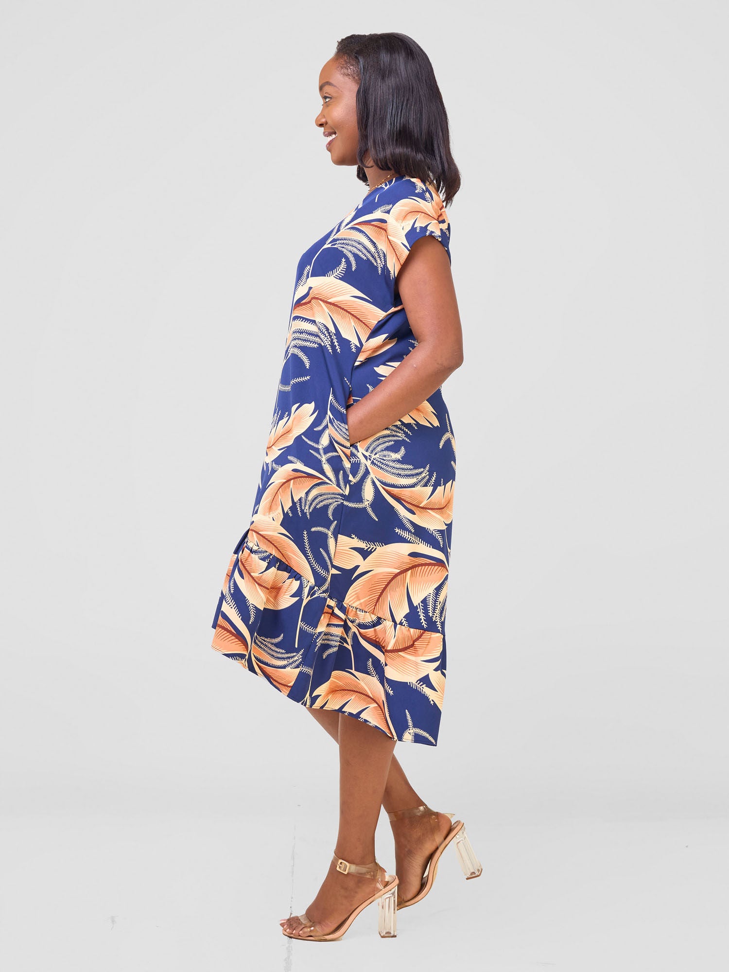 Vivo Asha Drop Shoulder Knee Length Dress - Navy Habo Print