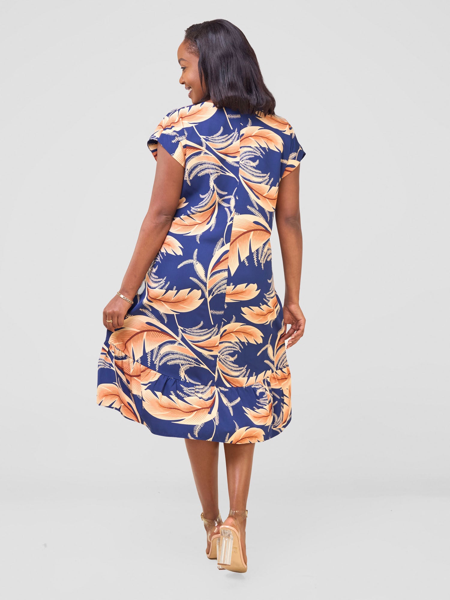 Vivo Asha Drop Shoulder Knee Length Dress - Navy Habo Print