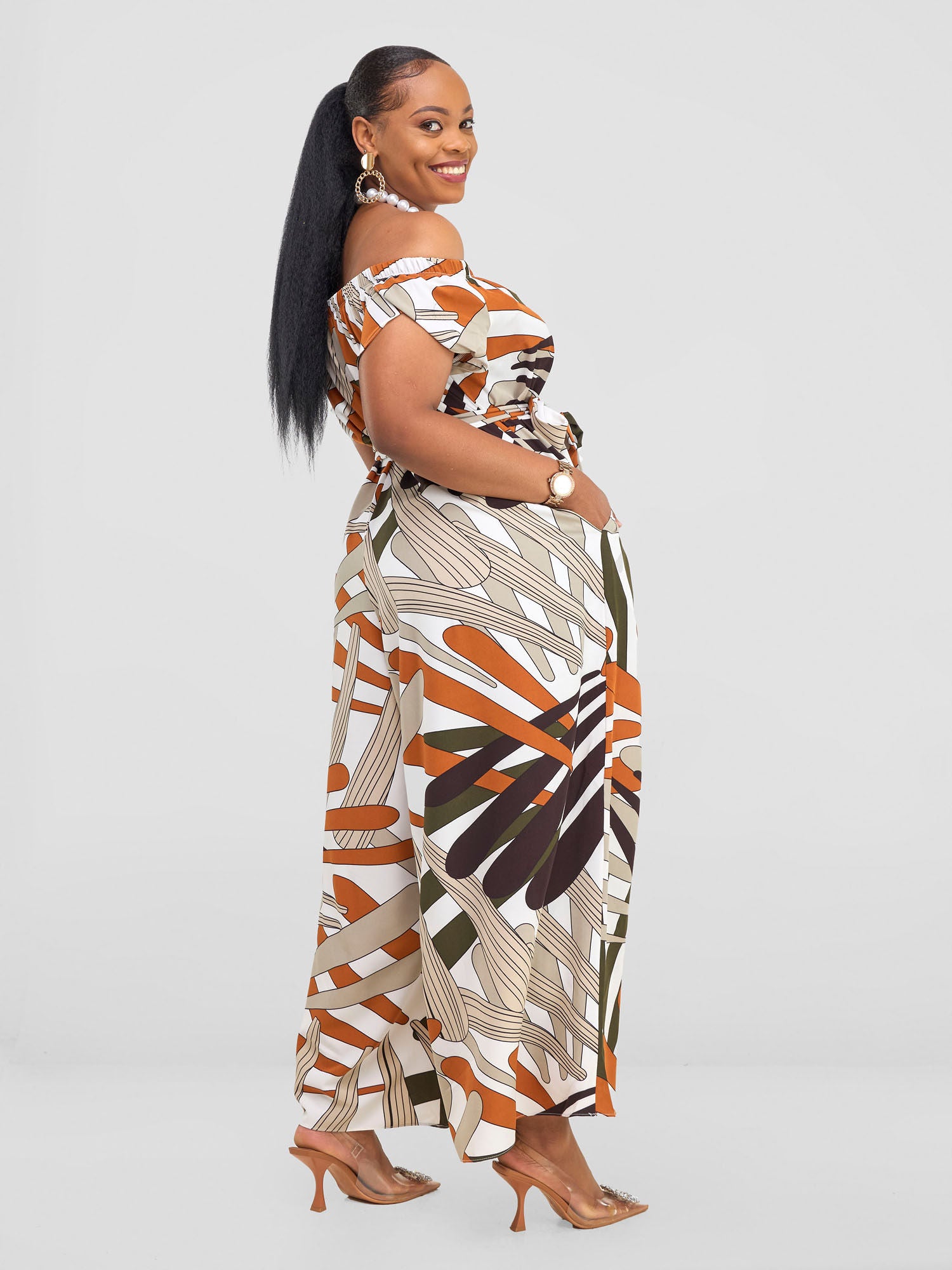 Vivo Dalia Off Shoulder Jumpsuit - Hunters / White Abstract Print