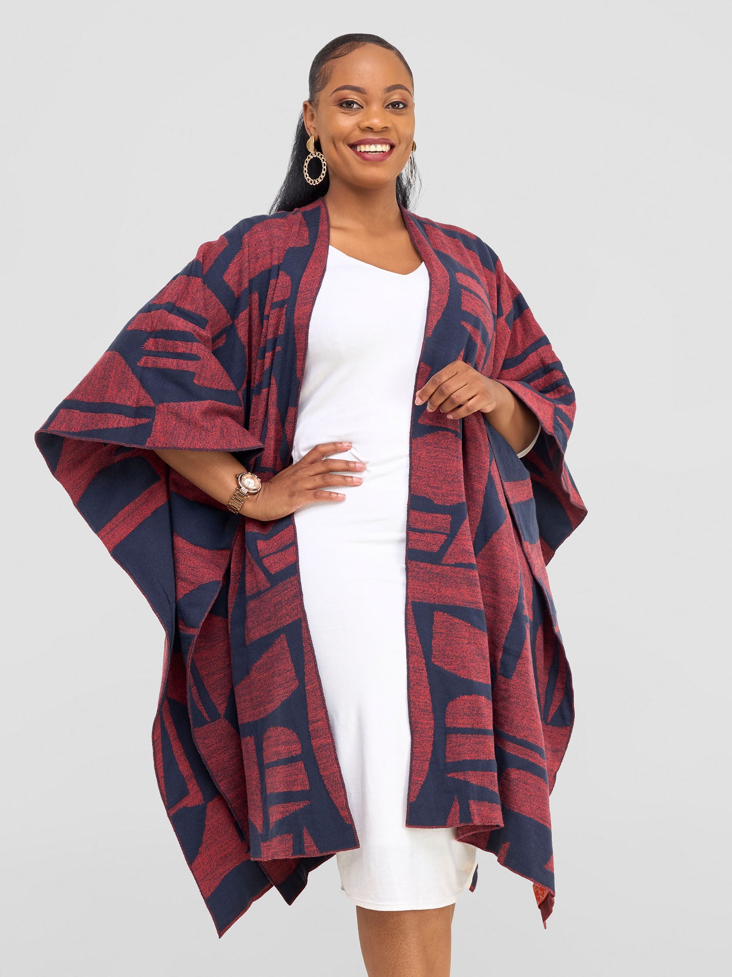 Vivo Reversible Poncho without Fringes - Coral / Grey Samba Print