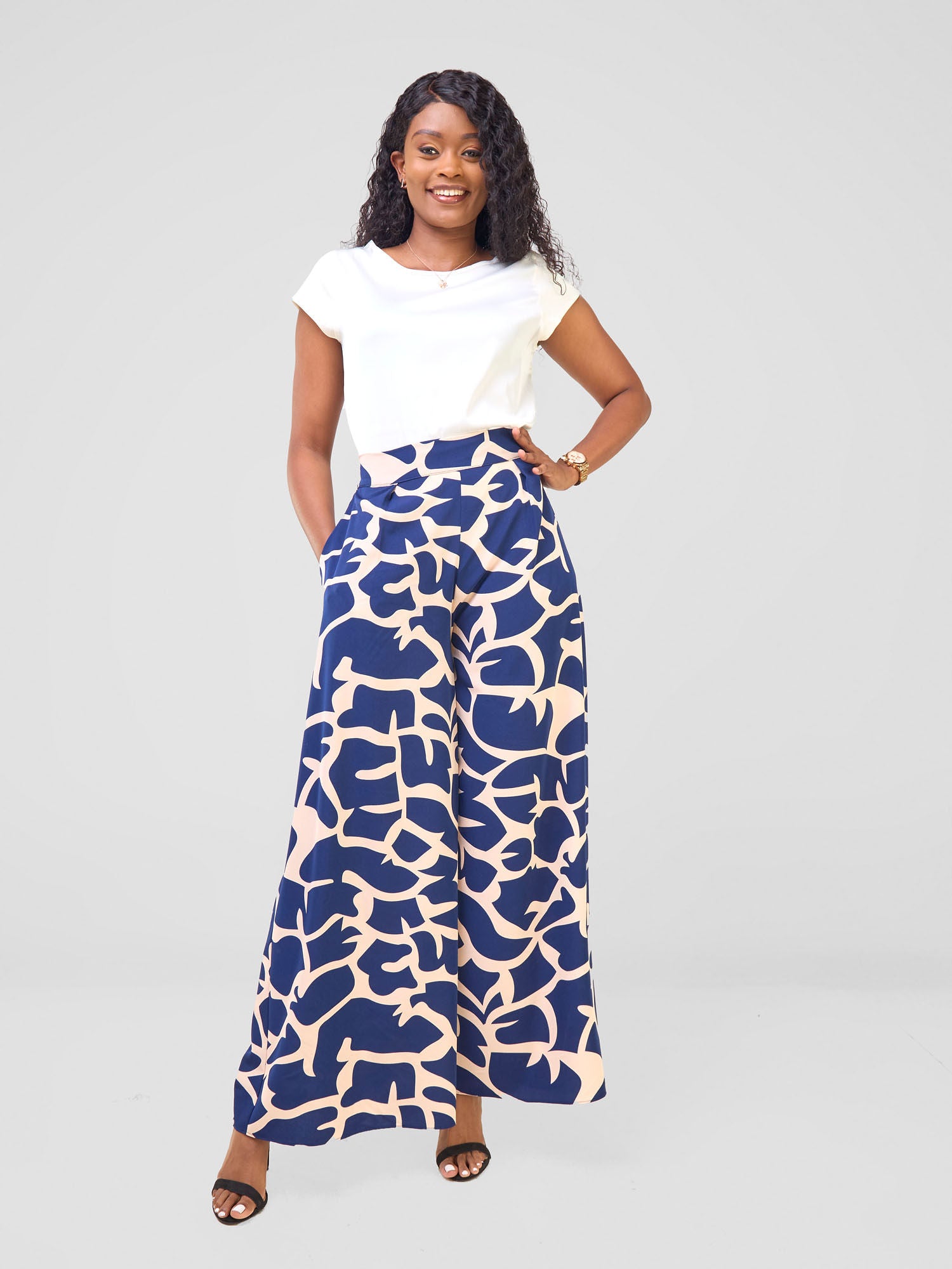 Vivo Basic Crepe Pants - Navy / Peach Liwa Print