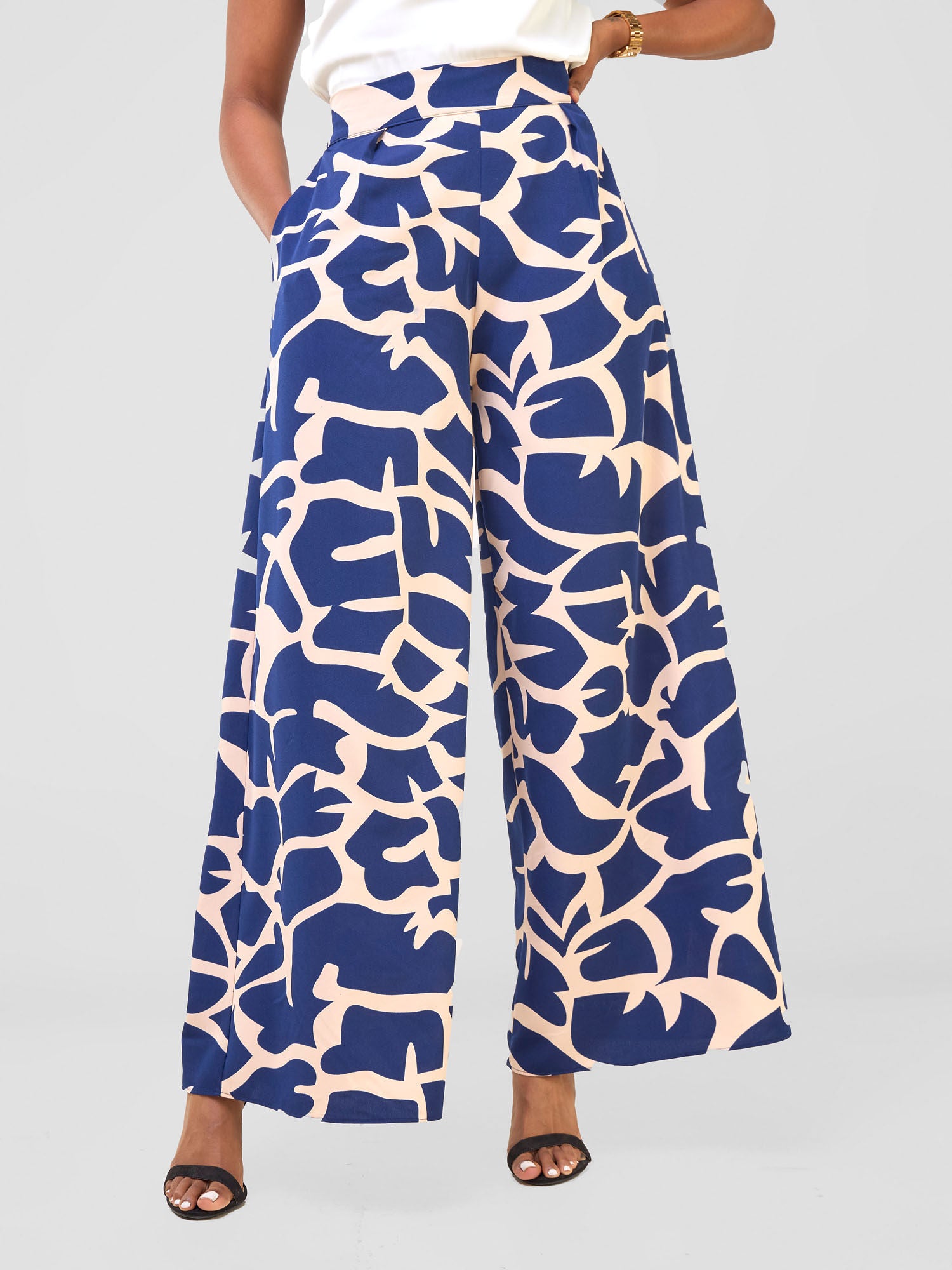 Vivo Basic Crepe Pants - Navy / Peach Liwa Print