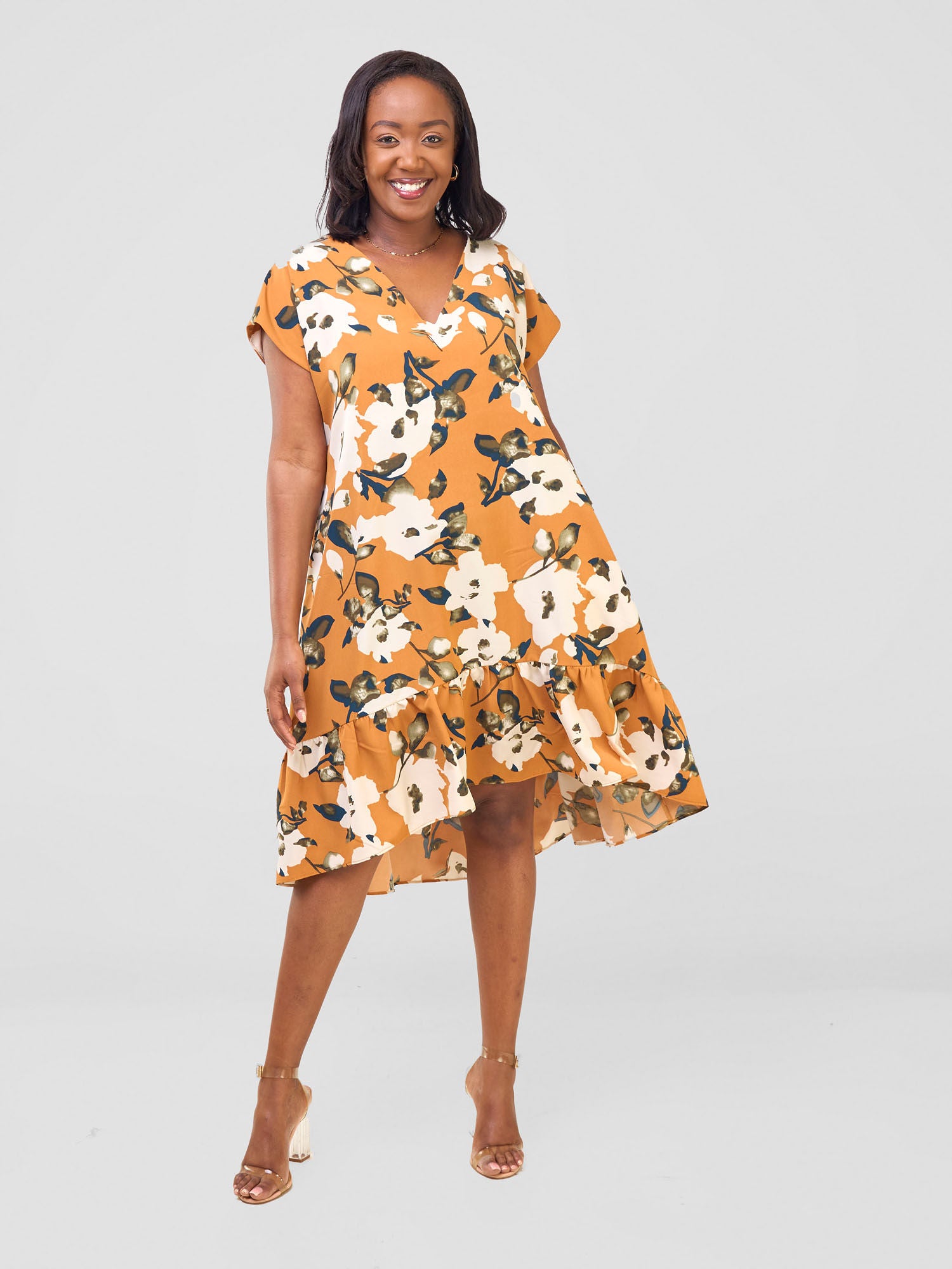 Vivo Asha Drop Shoulder Knee Length Dress - Orange / Cream Bule Print