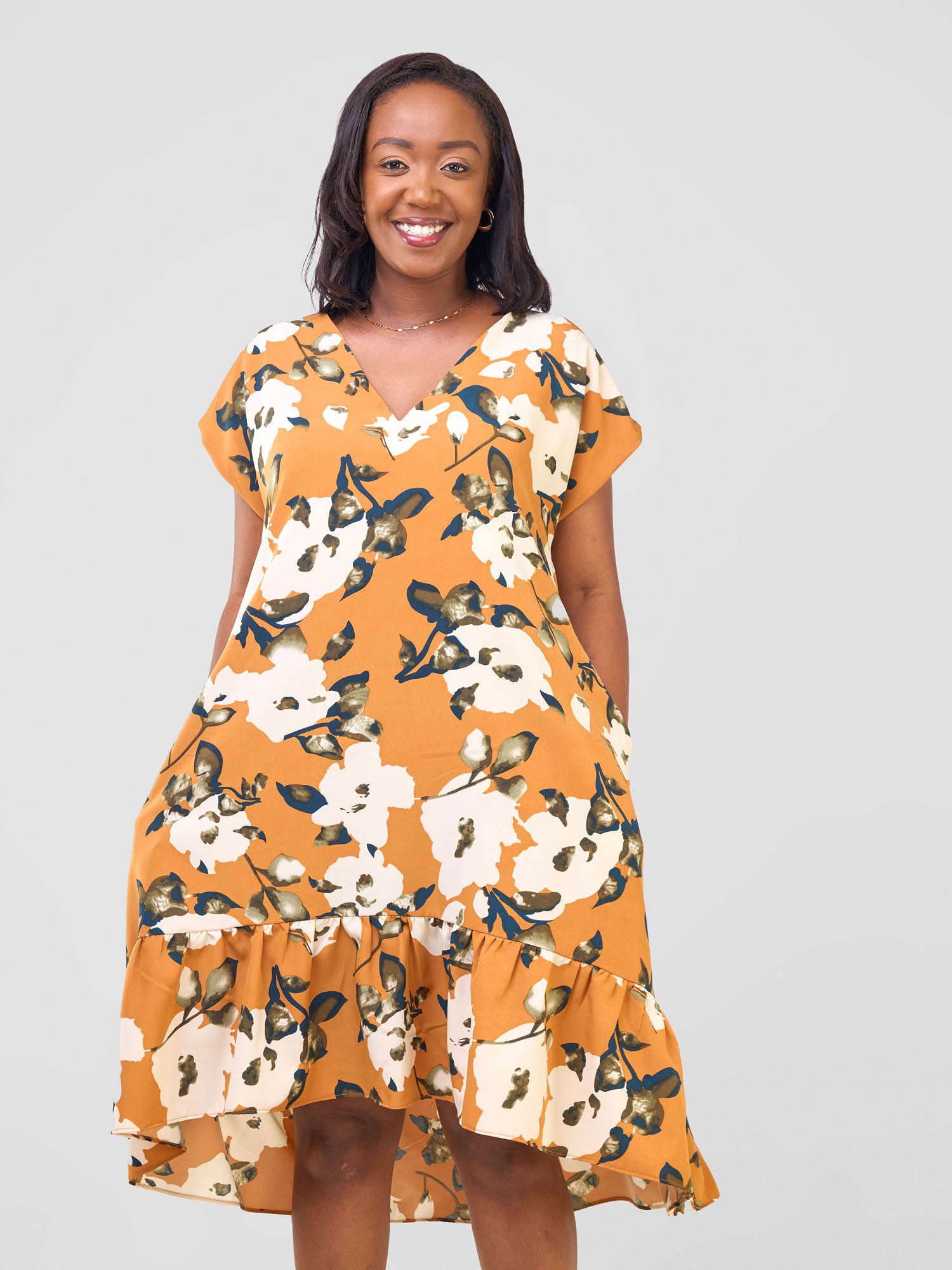 Vivo Asha Drop Shoulder Knee Length Dress - Orange / Cream Bule Print