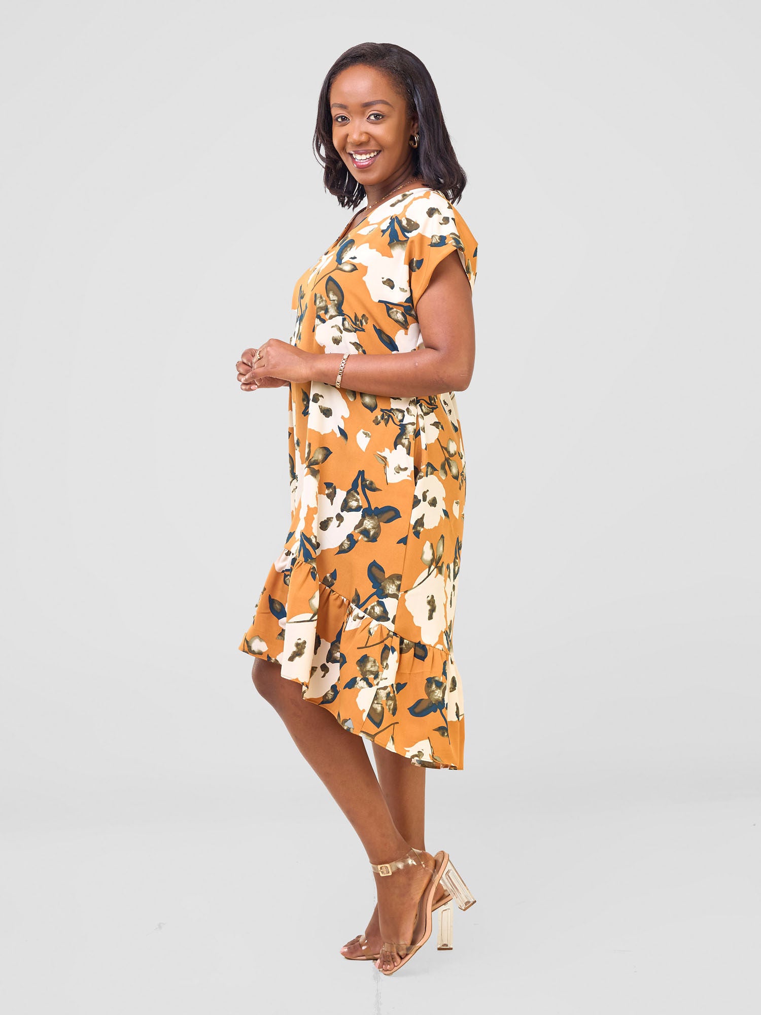 Vivo Asha Drop Shoulder Knee Length Dress - Orange / Cream Bule Print