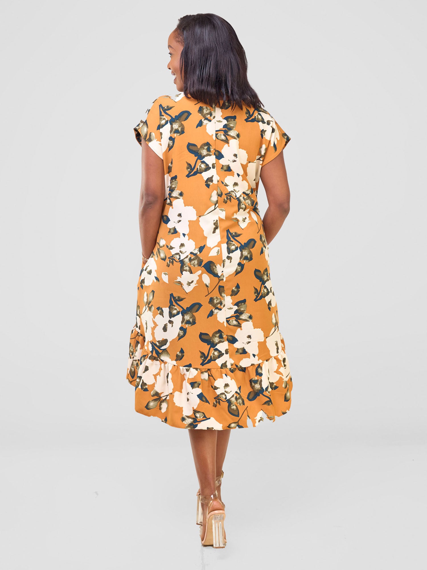 Vivo Asha Drop Shoulder Knee Length Dress - Orange / Cream Bule Print