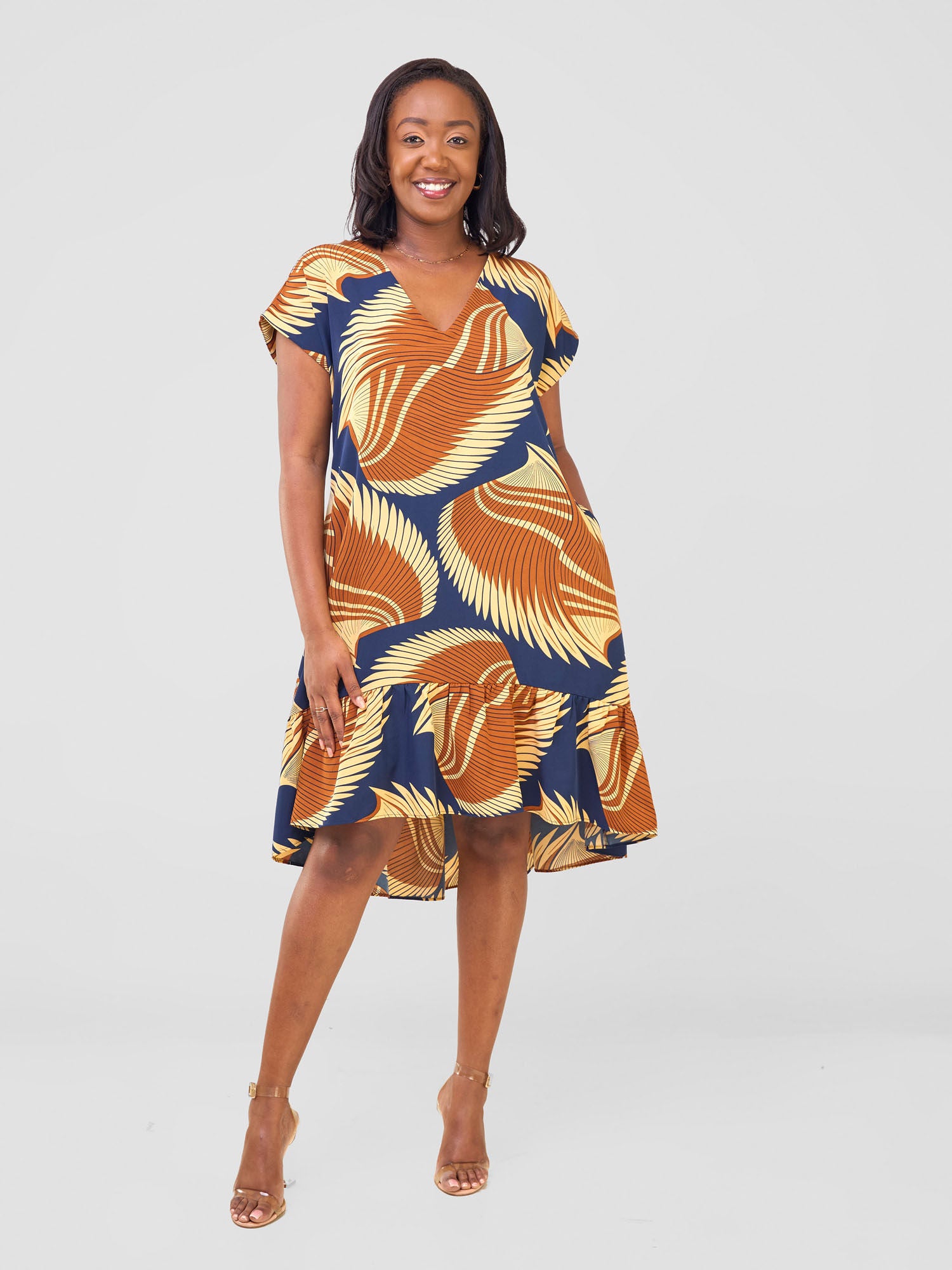 Vivo Asha Drop Shoulder Knee Length Dress - Black Aku Print