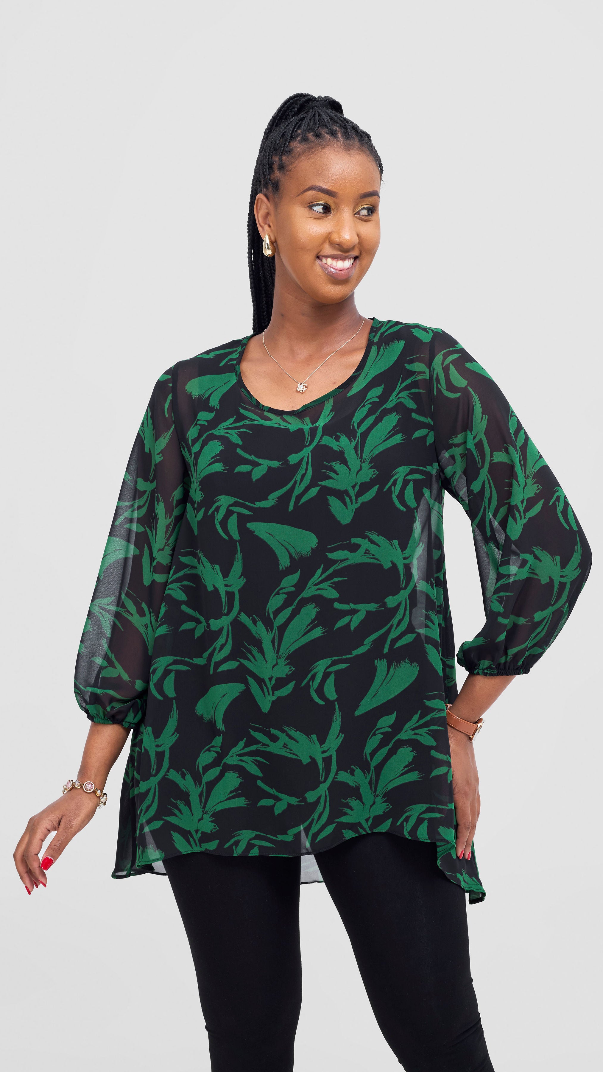 Vivo Samira High Low Top - Black / Green Siari Print
