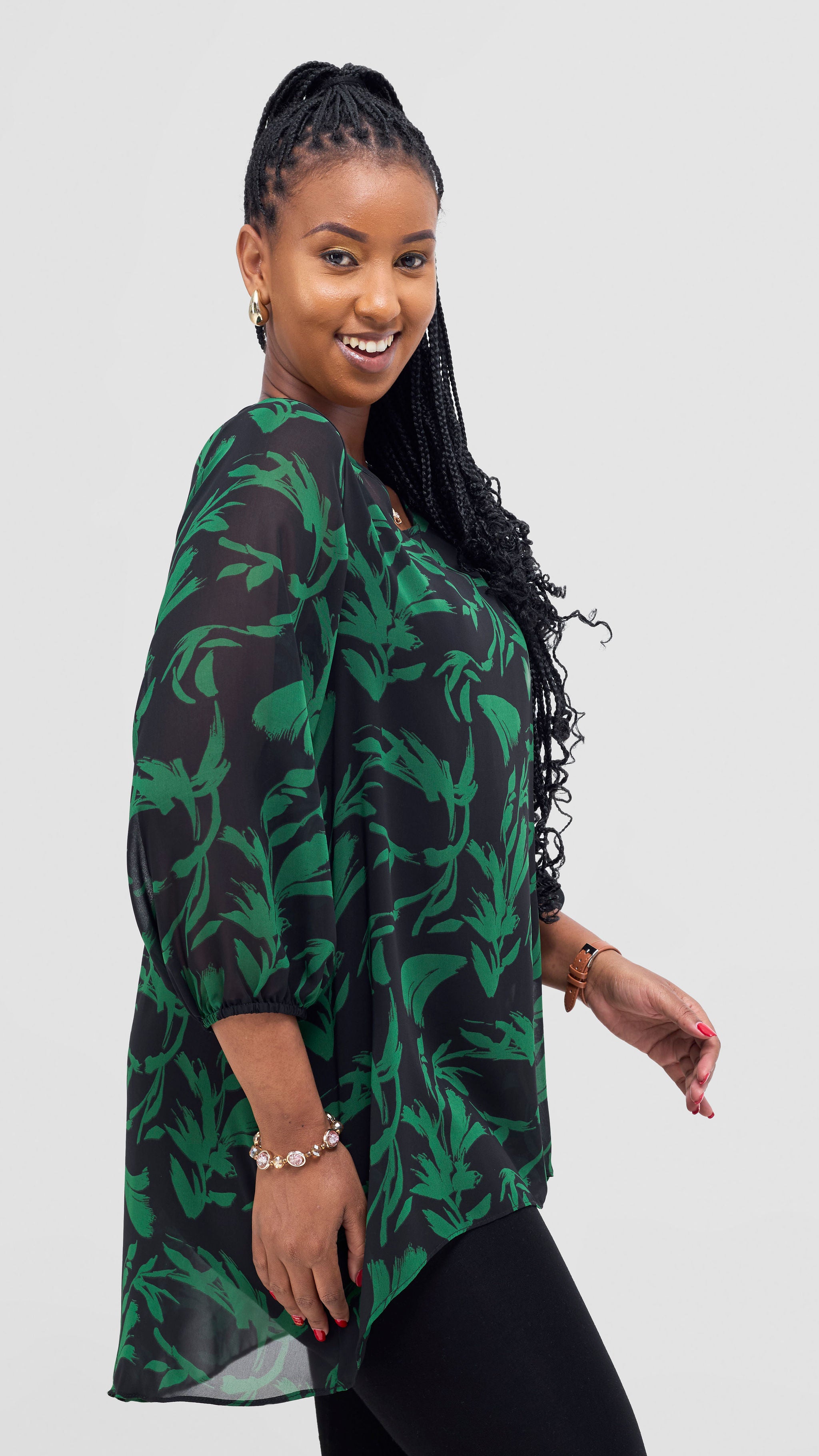 Vivo Samira High Low Top - Black / Green Siari Print