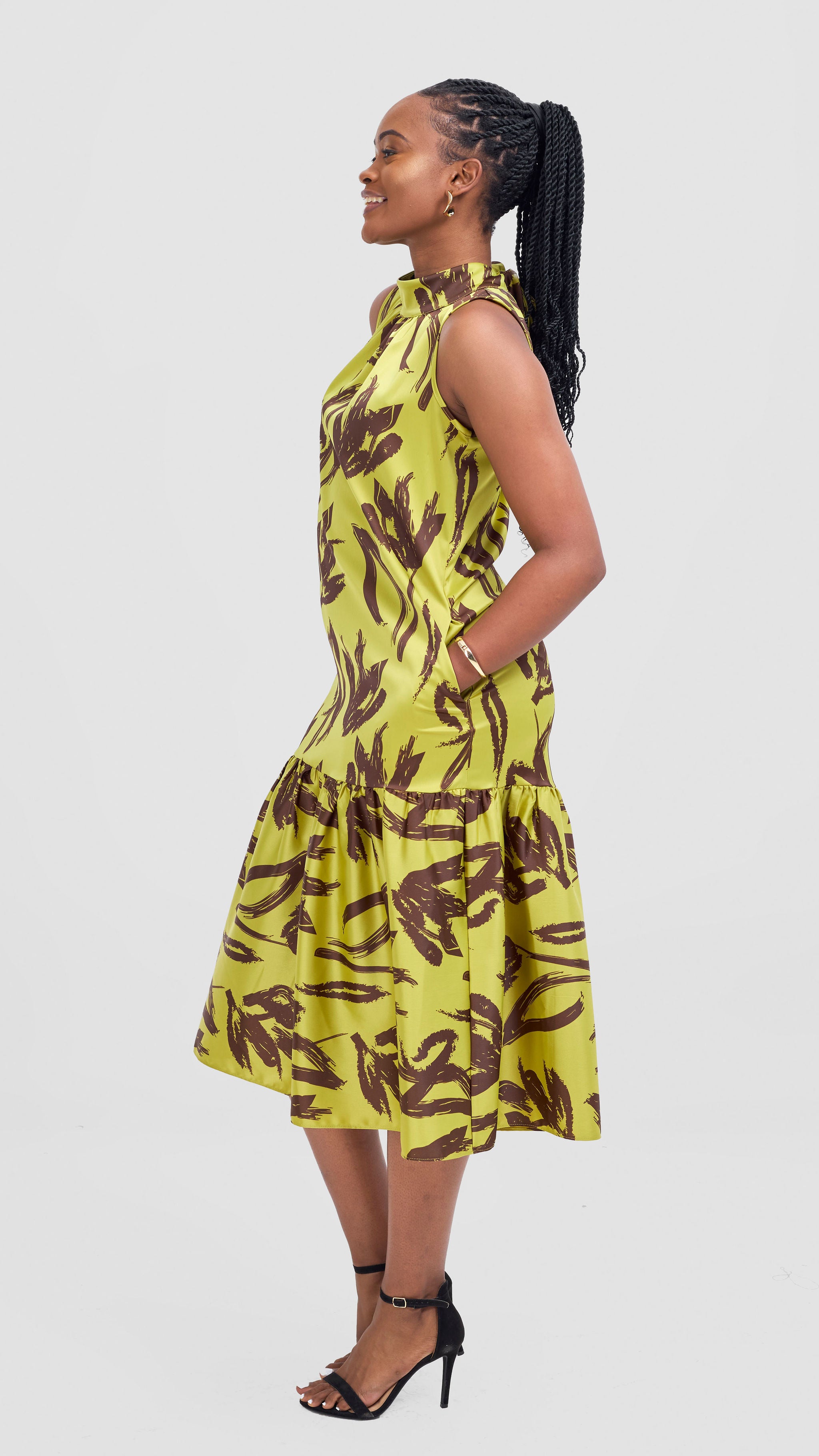 Vivo Takali Frilled Midi Dress - Lime / Brown Ela Print