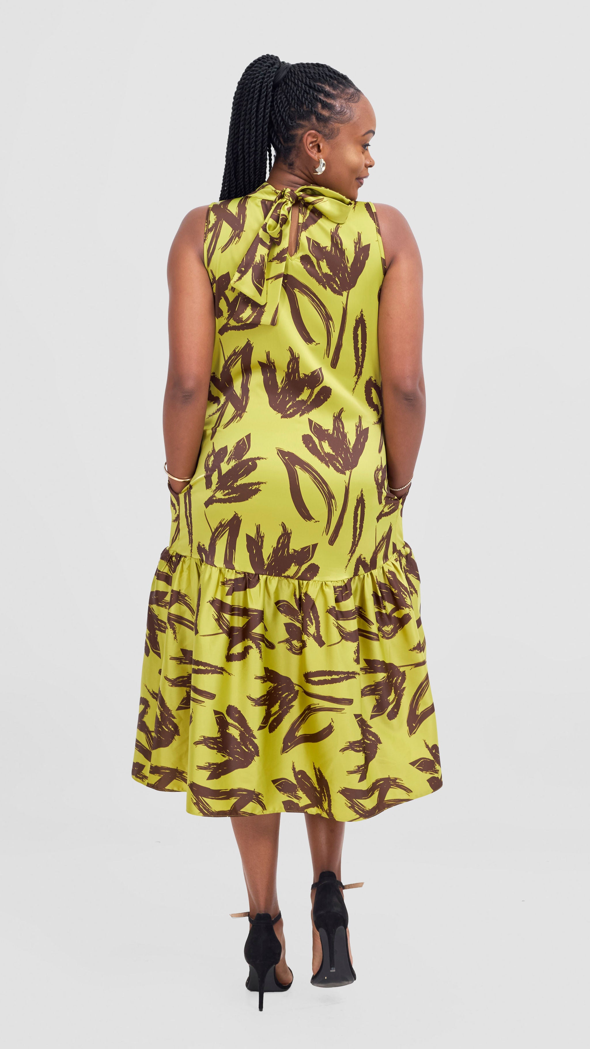 Vivo Takali Frilled Midi Dress - Lime / Brown Ela Print