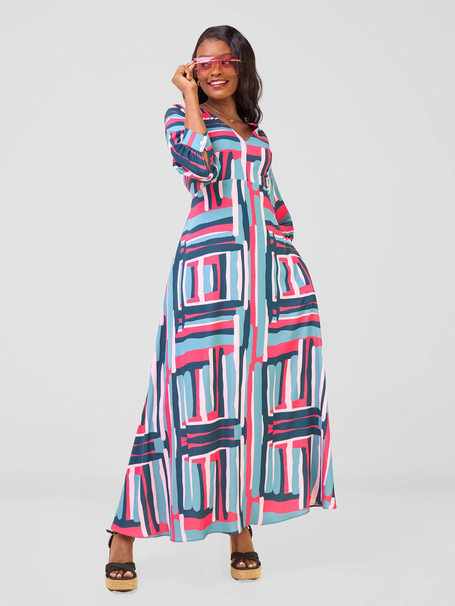 Vivo Hadiya Tie Maxi Dress - Olive / Pink Hadi Print