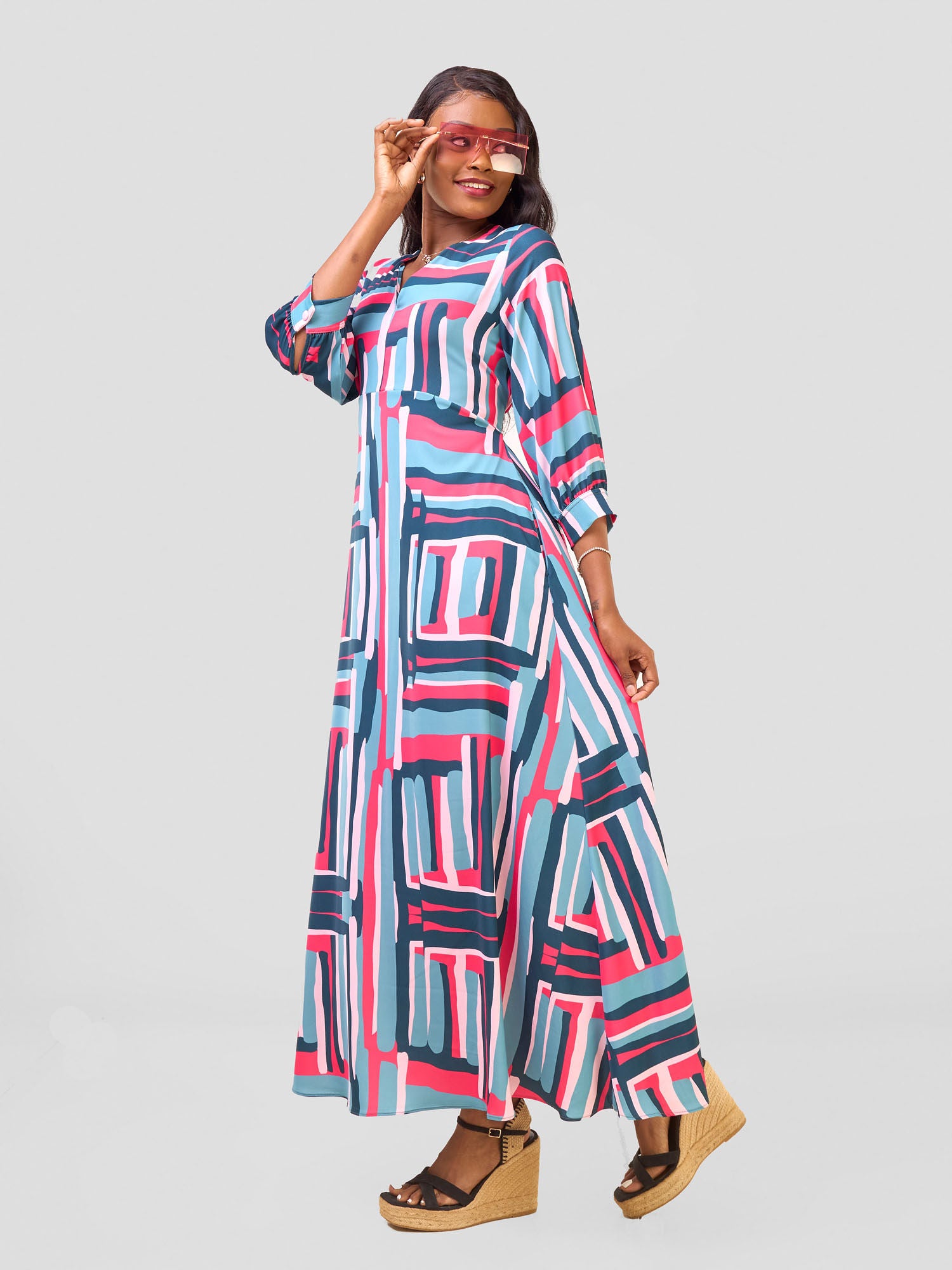 Vivo Hadiya Tie Maxi Dress - Olive / Pink Hadi Print