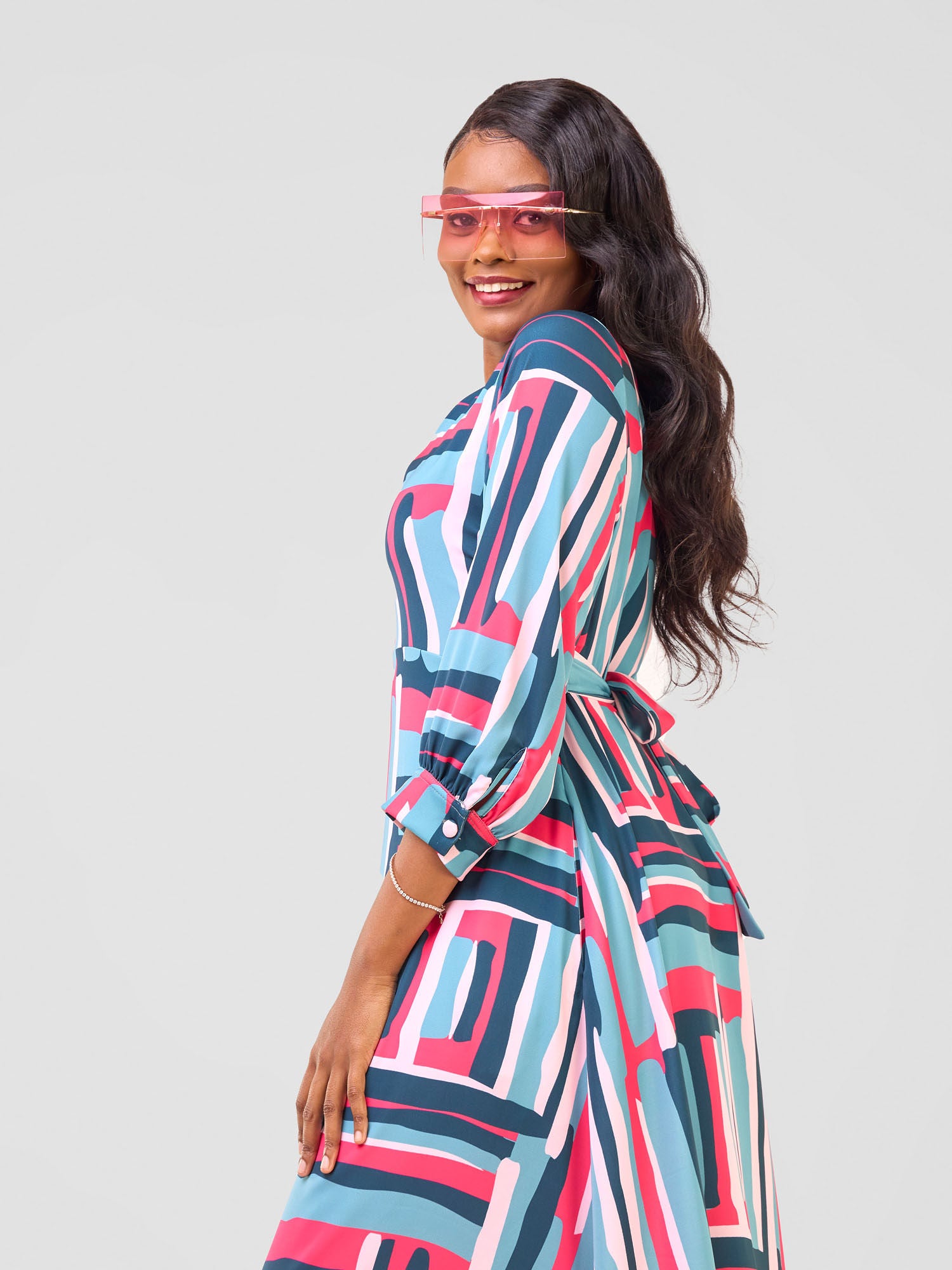 Vivo Hadiya Tie Maxi Dress - Olive / Pink Hadi Print