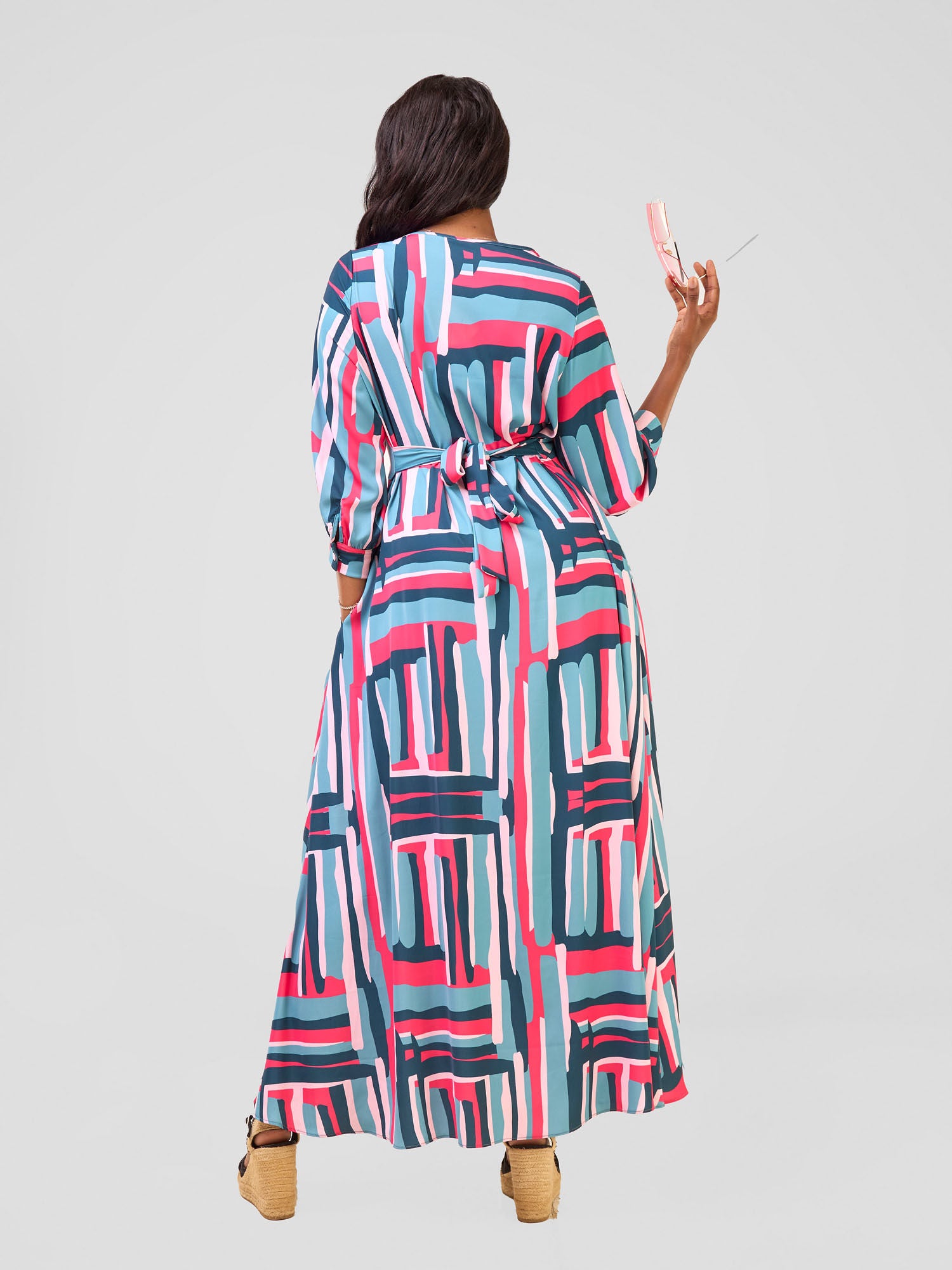 Vivo Hadiya Tie Maxi Dress - Olive / Pink Hadi Print