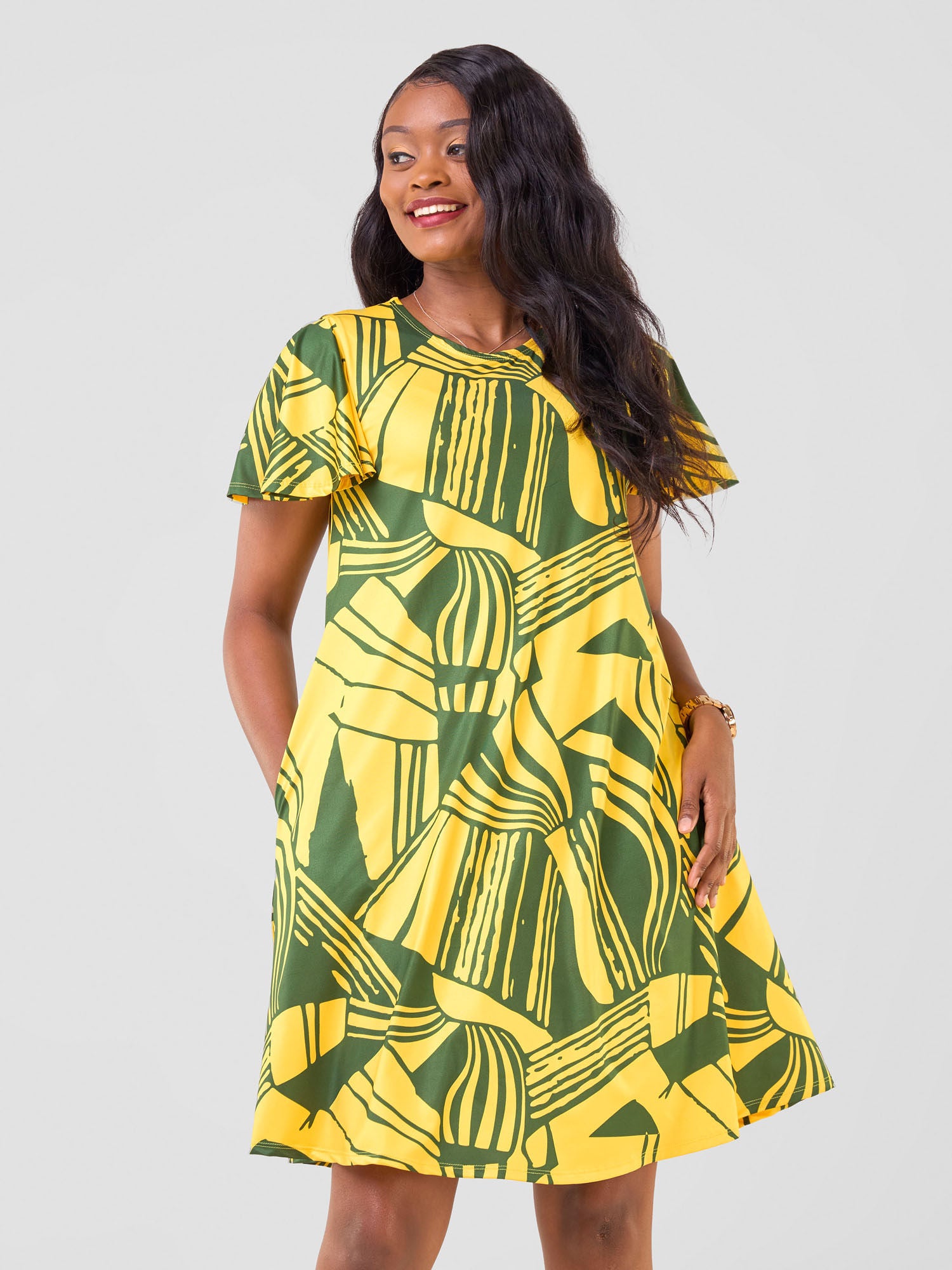 Vivo Ruwa Flounce Sleeve Knee Length Tent Dress - Yellow / Hunters Nila Print