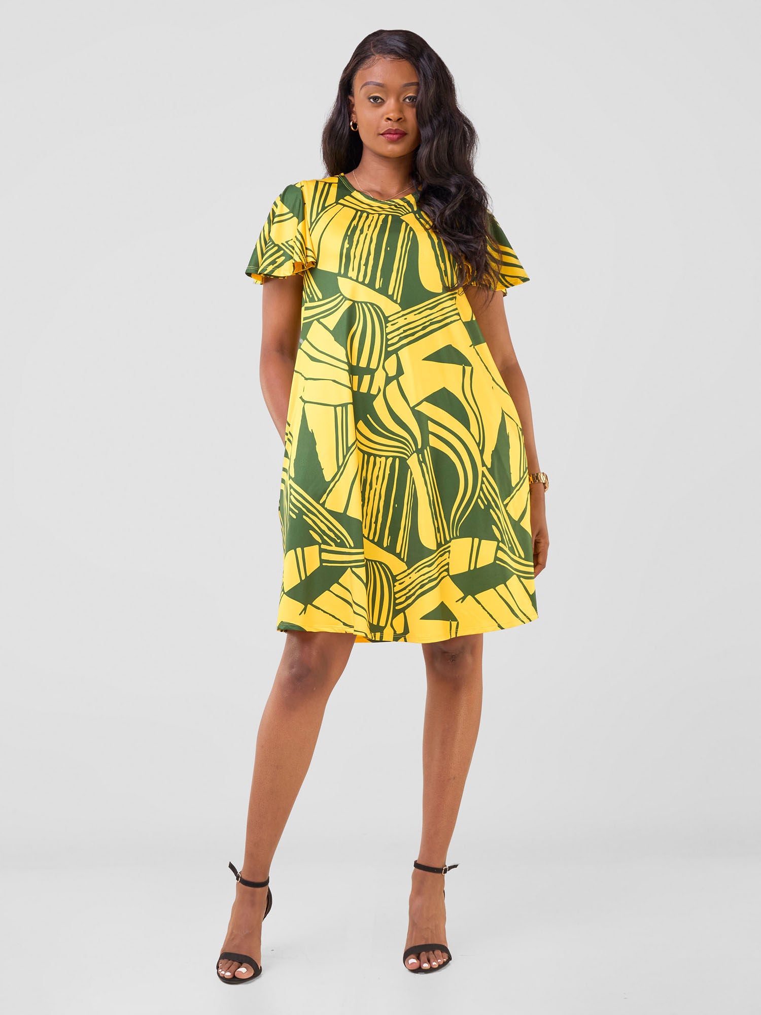 Vivo Ruwa Flounce Sleeve Knee Length Tent Dress - Yellow / Hunters Nila Print
