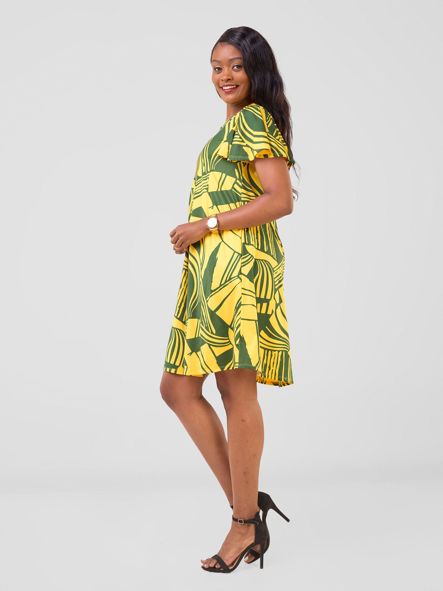 Vivo Ruwa Flounce Sleeve Knee Length Tent Dress - Yellow / Hunters Nila Print