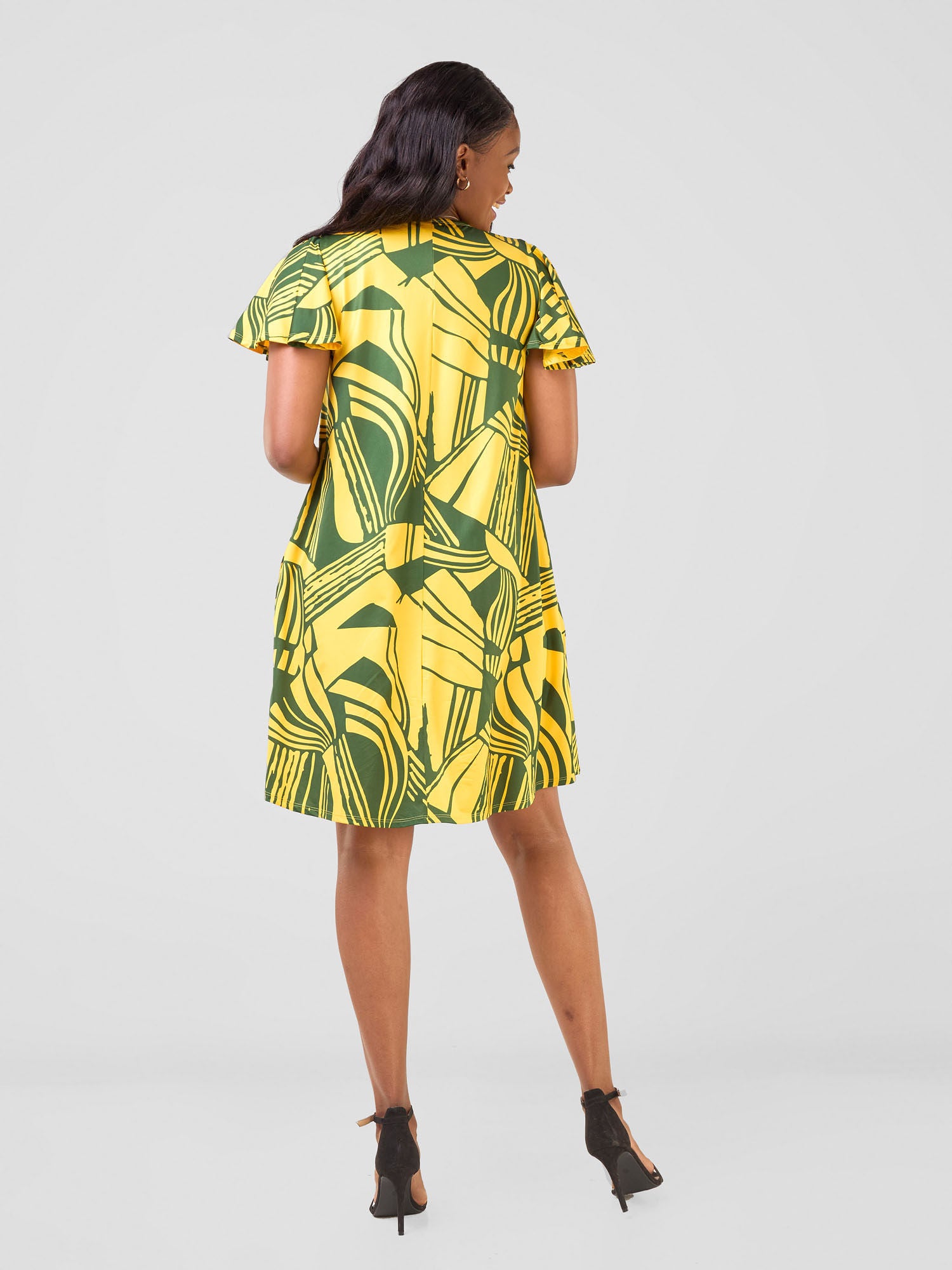 Vivo Ruwa Flounce Sleeve Knee Length Tent Dress - Yellow / Hunters Nila Print