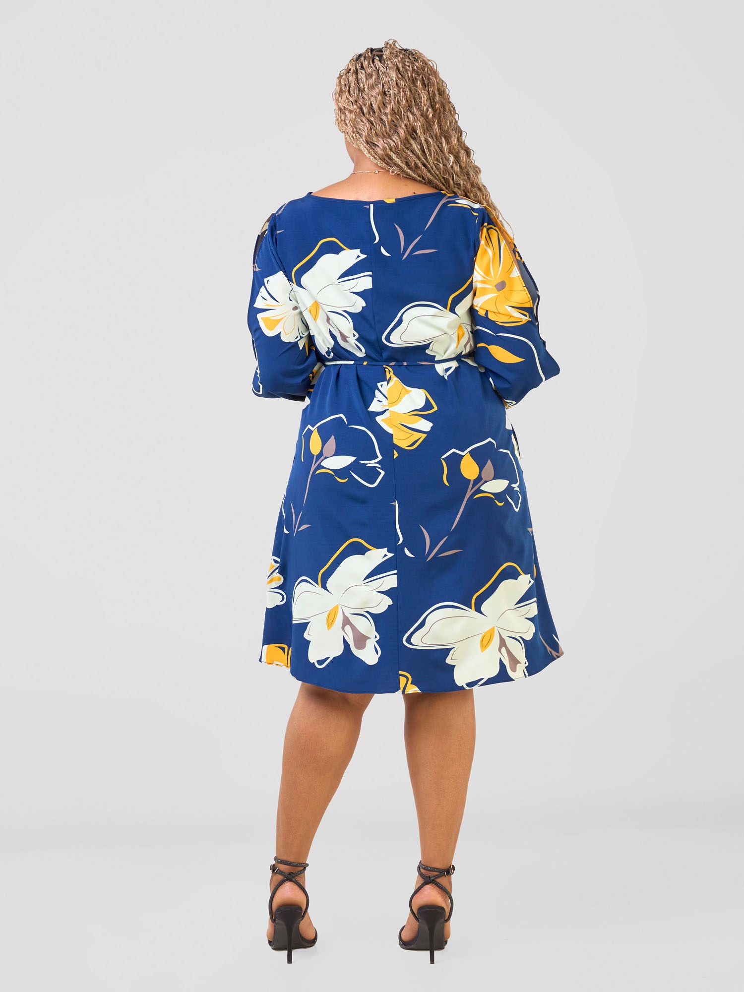 Vivo Tunu Long Slit Sleeve Knee Length Shift Dress - Navy / Yellow Tulo Print