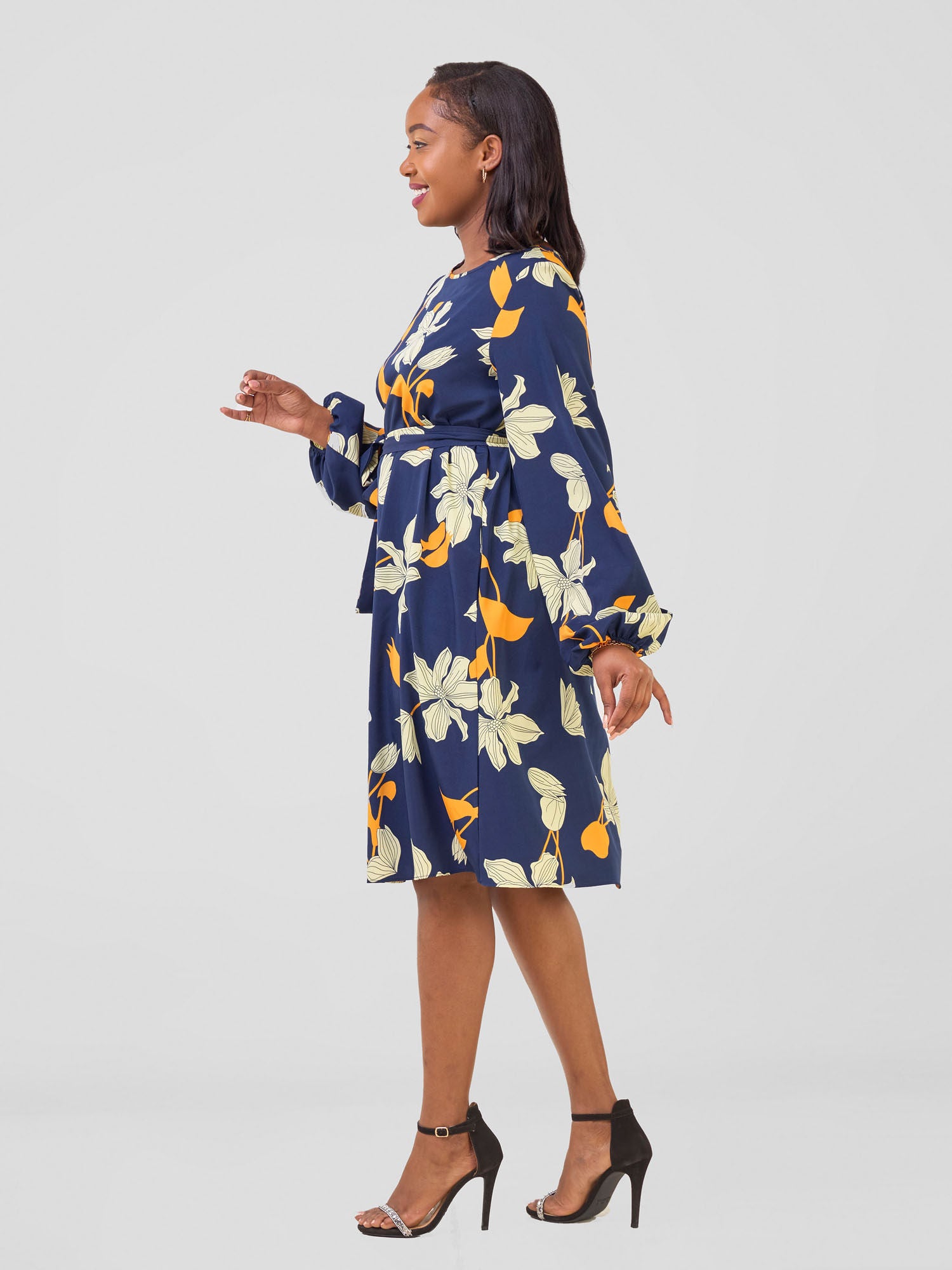 Vivo Basic Ayo Bishop Sleeve Dress - Navy / Orange Iyo Print