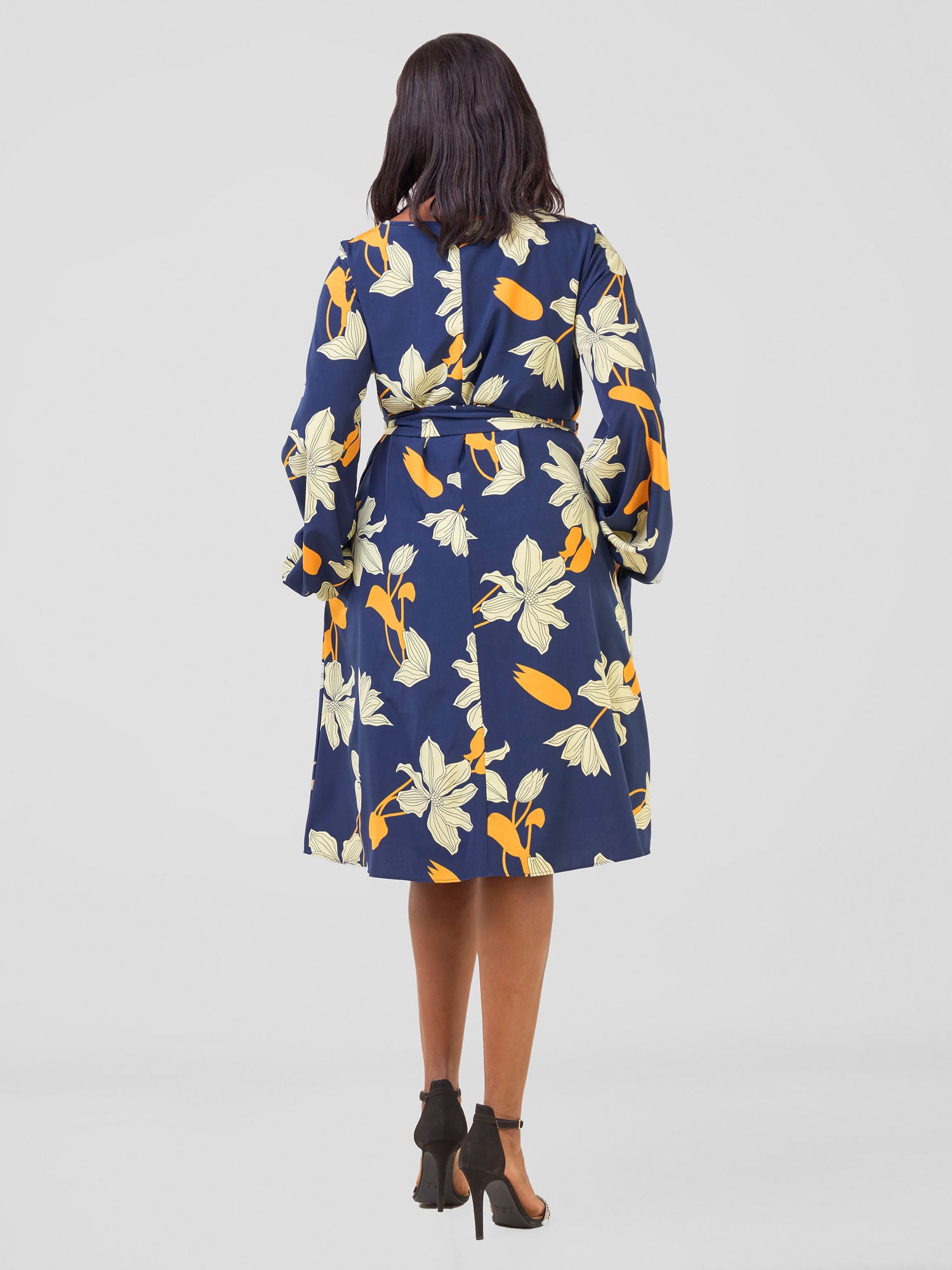 Vivo Basic Ayo Bishop Sleeve Dress - Navy / Orange Iyo Print