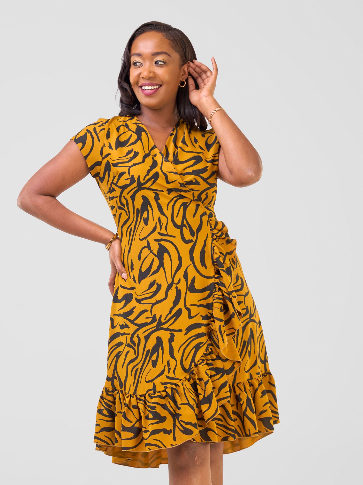 Vivo Nasinka Wrap Dress Dark Mustard Black Bugendo Print