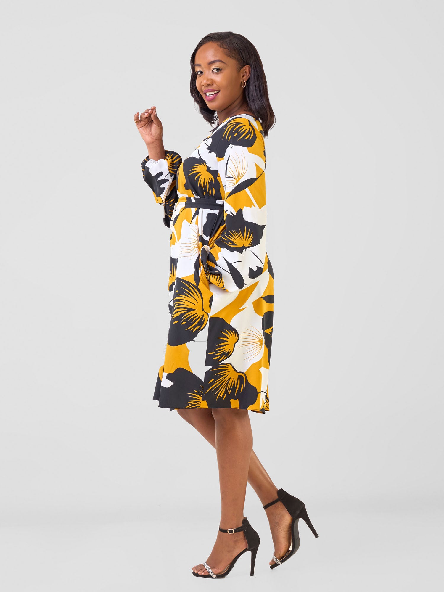 Vivo Basic Ayo Bishop Sleeve Dress - Black / Mustard Oyo Print