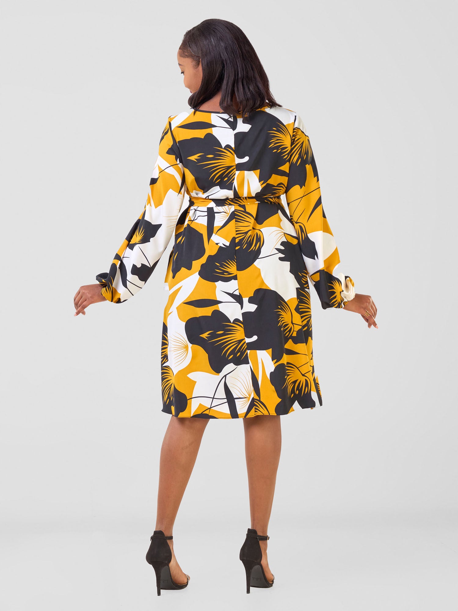 Vivo Basic Ayo Bishop Sleeve Dress - Black / Mustard Oyo Print