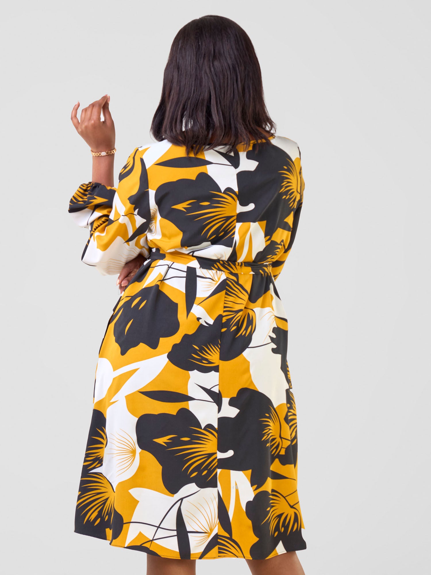 Vivo Basic Ayo Bishop Sleeve Dress - Black / Mustard Oyo Print