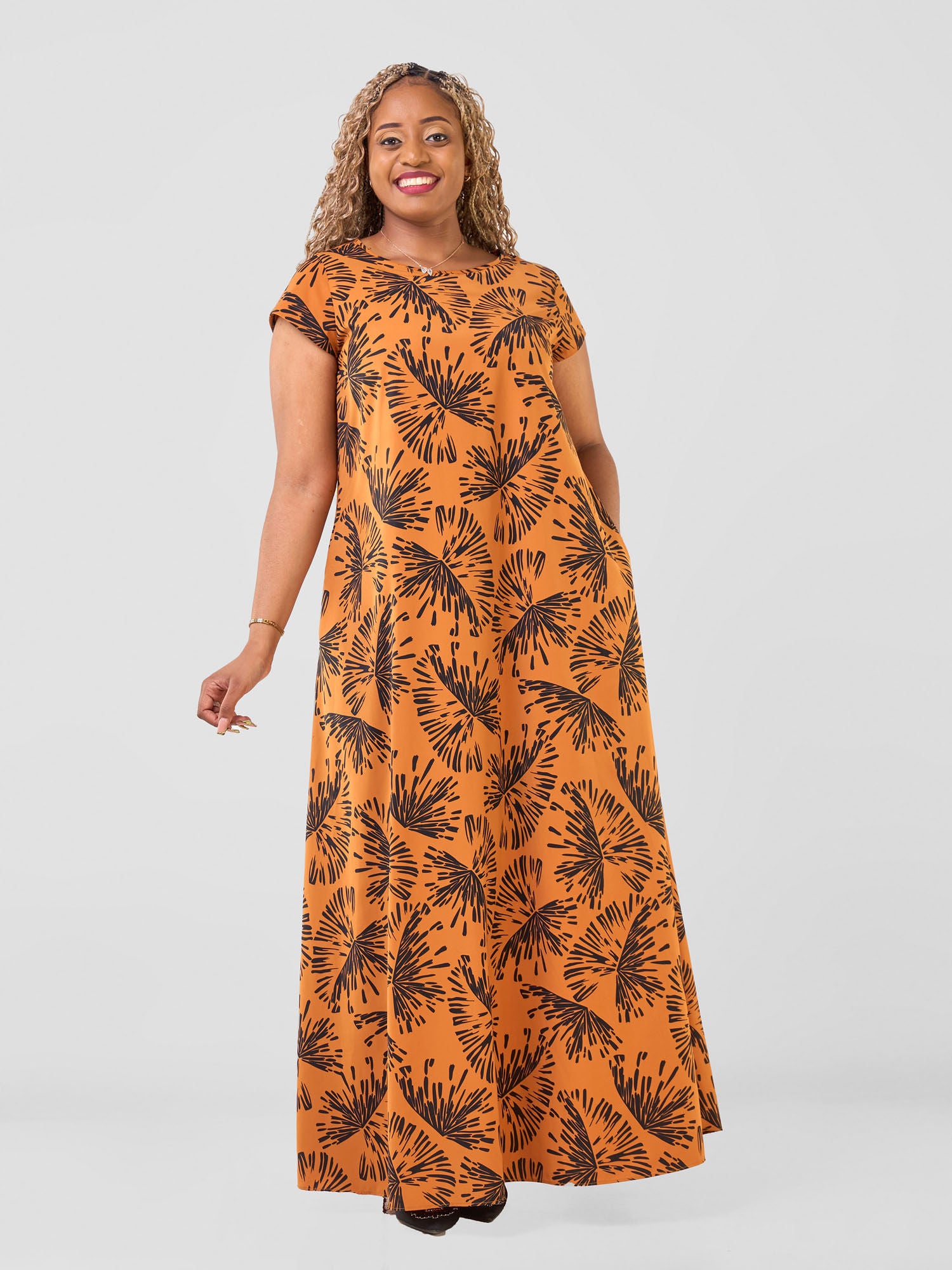 Vivo Basic Cap Sleeve Maxi Tent Dress - Rust / Black Abeni Print