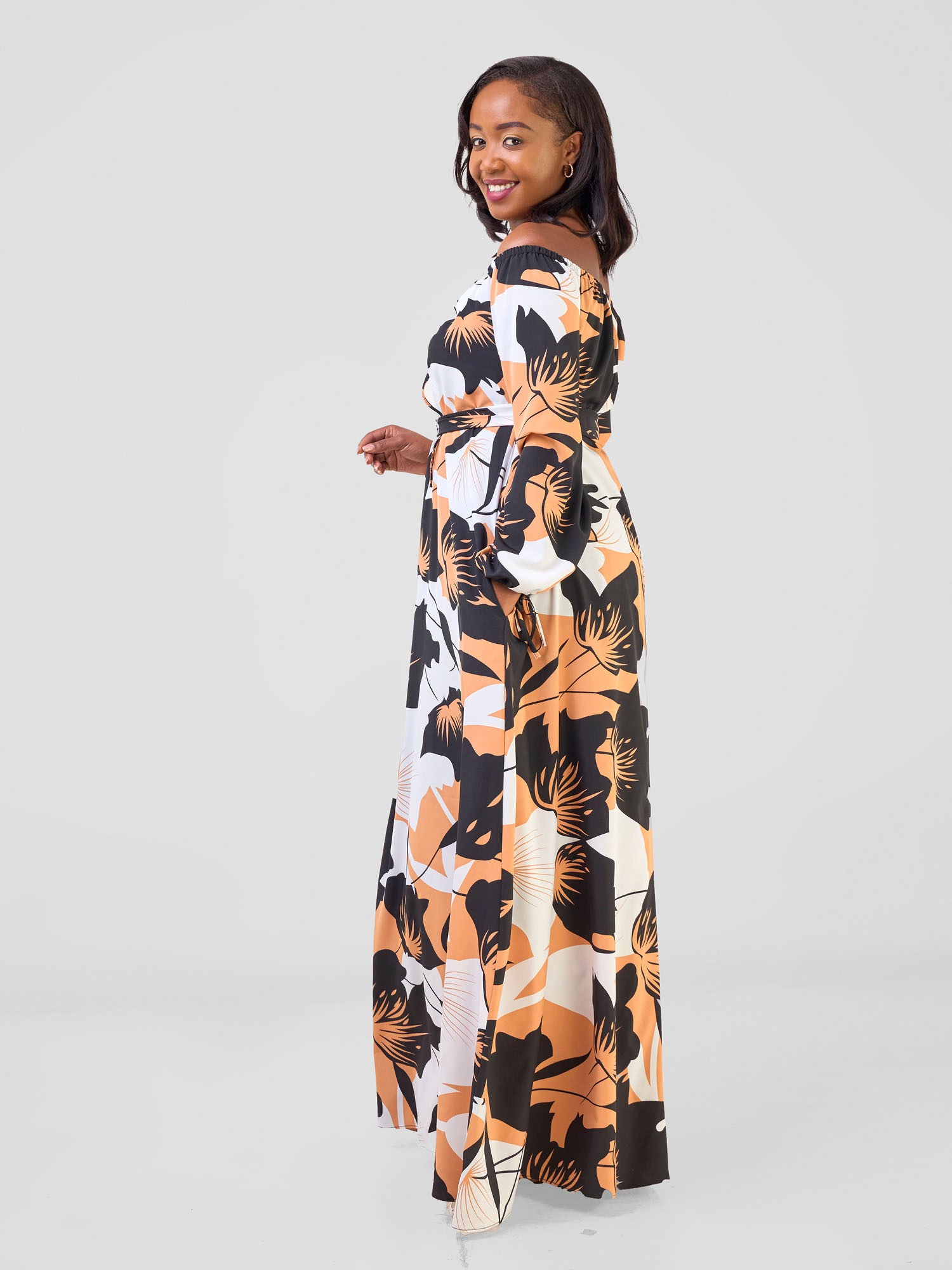 Vivo Zahari Off-Shoulder Maxi Dress - Black / Rust Ahari Print