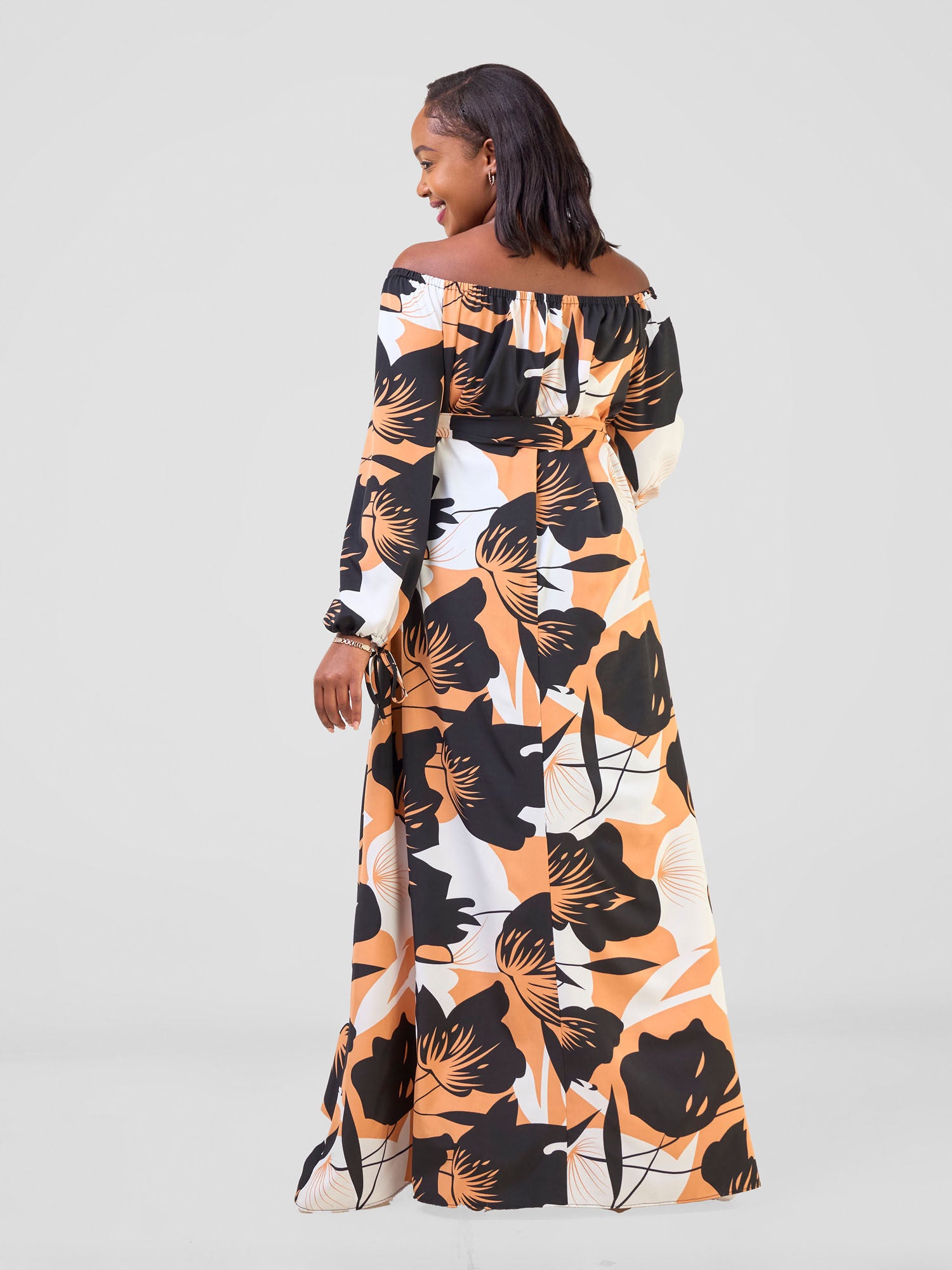 Vivo Zahari Off-Shoulder Maxi Dress - Black / Rust Ahari Print