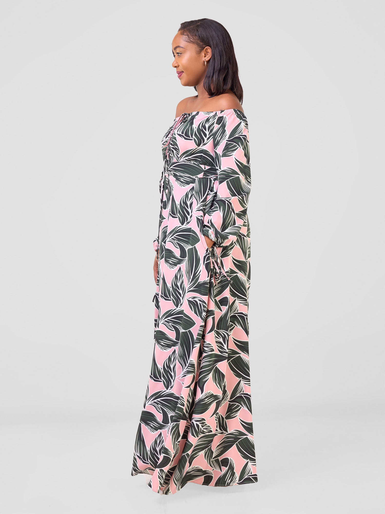 Vivo Zahari Off-Shoulder Maxi Dress - Pink / Green Hari Print