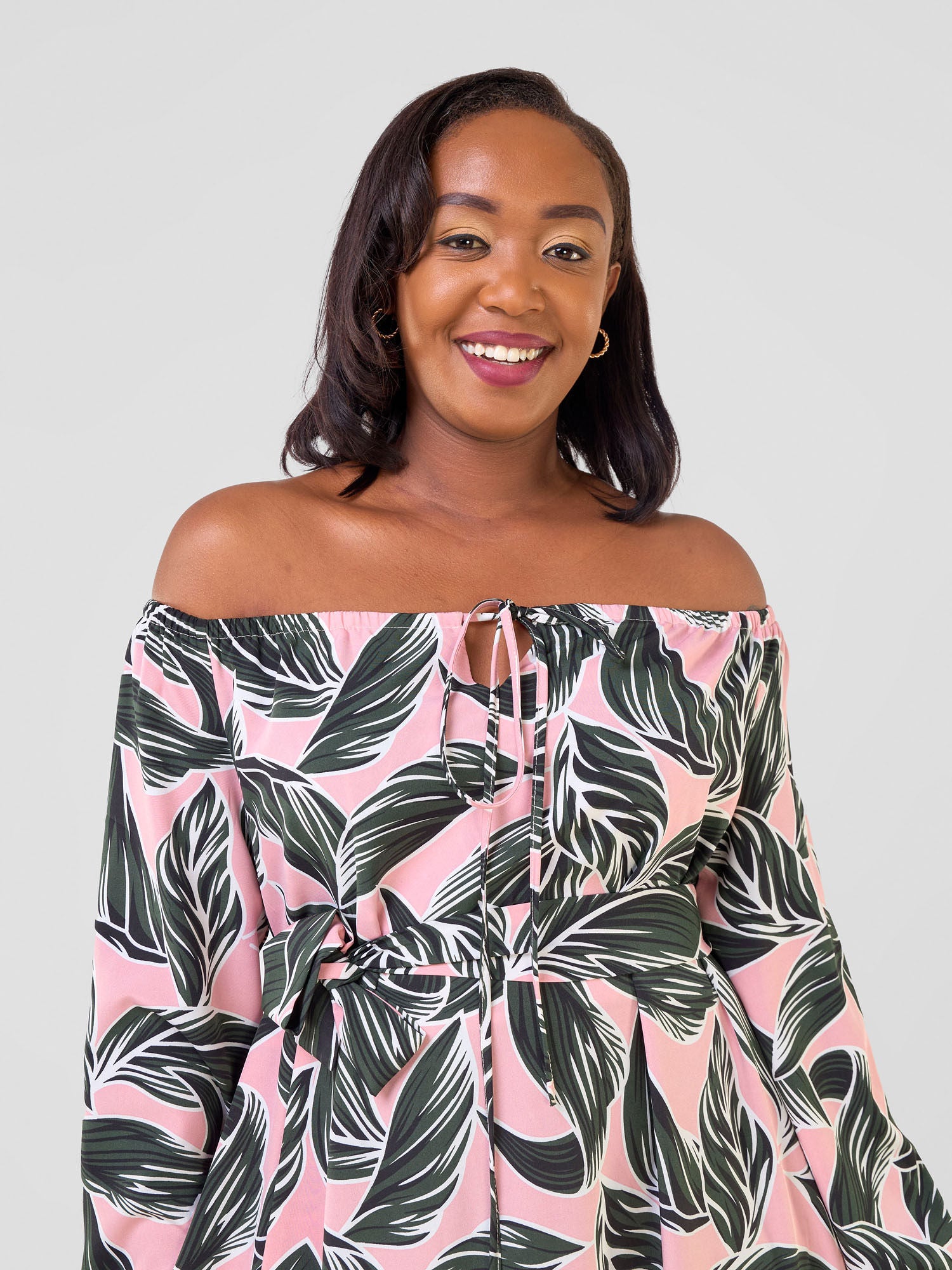 Vivo Zahari Off-Shoulder Maxi Dress - Pink / Green Hari Print