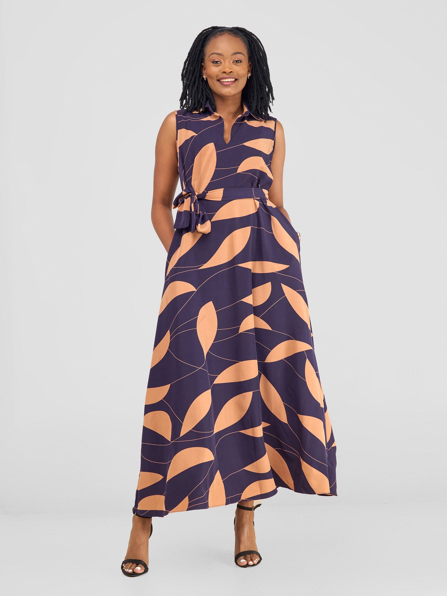 Vivo Zuri Sleeveless Tent Maxi Dress - Purple / Taupe Leaves Print