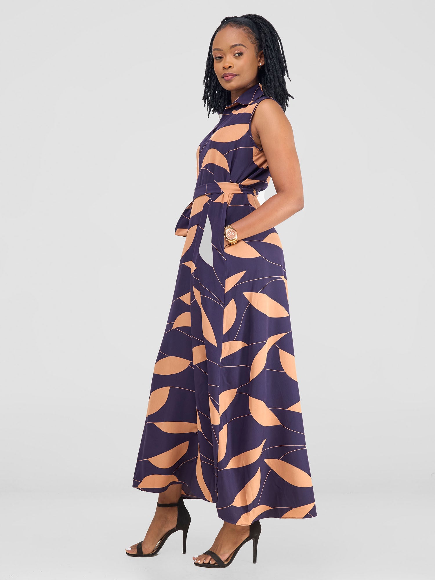 Vivo Zuri Sleeveless Tent Maxi Dress - Purple / Taupe Leaves Print