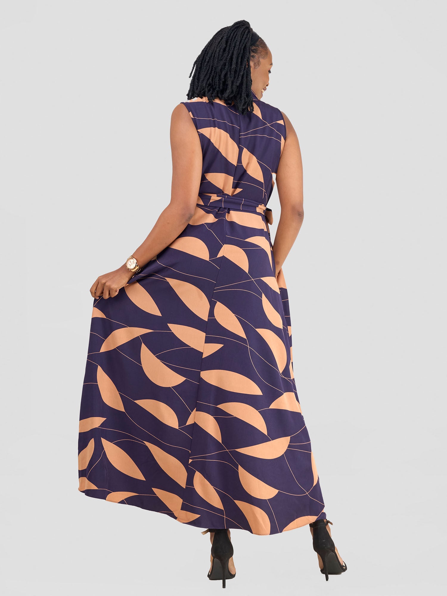 Vivo Zuri Sleeveless Tent Maxi Dress - Purple / Taupe Leaves Print