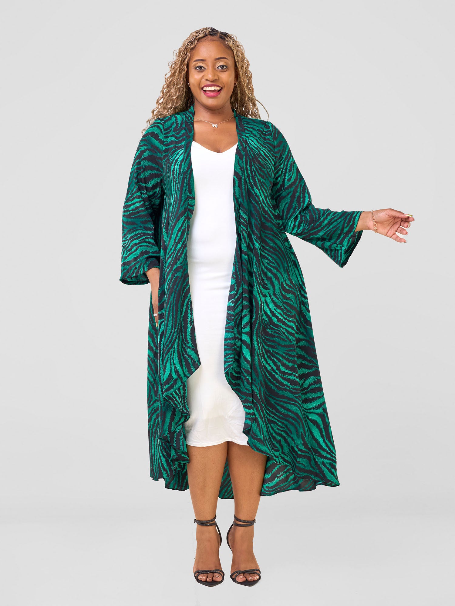 Vivo Maisha Long Sleeve High Low Kimono -   Green / Black Mistari Print