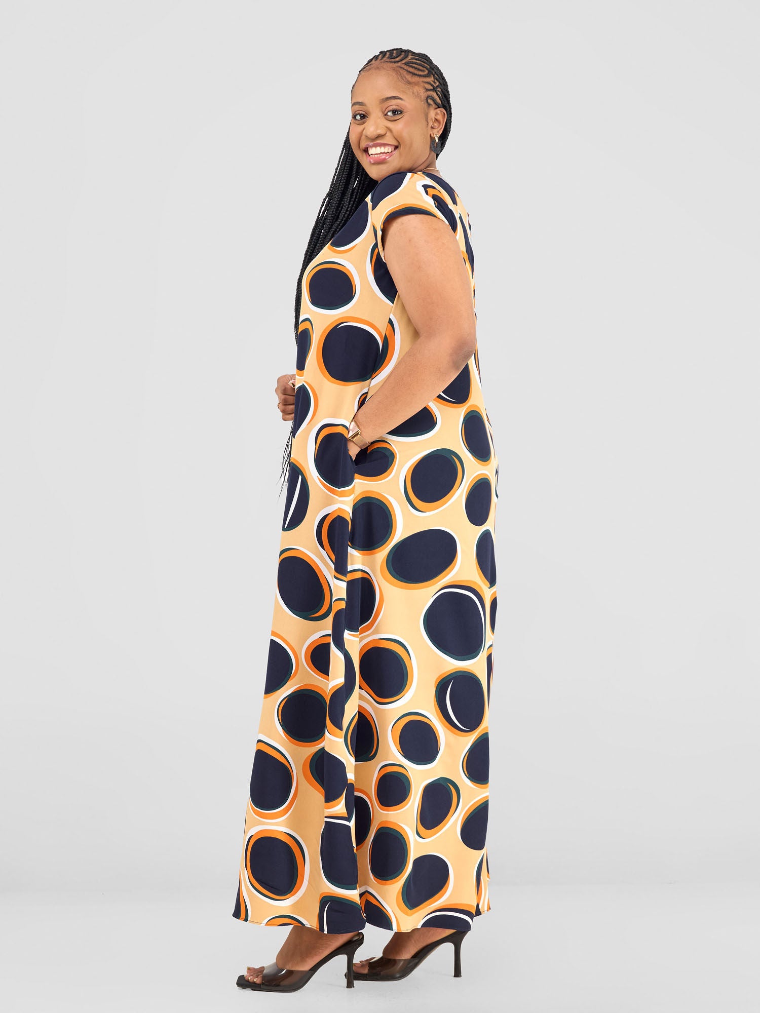 Vivo Basic Cap Sleeve Maxi Tent Dress - Taupe Polka Print